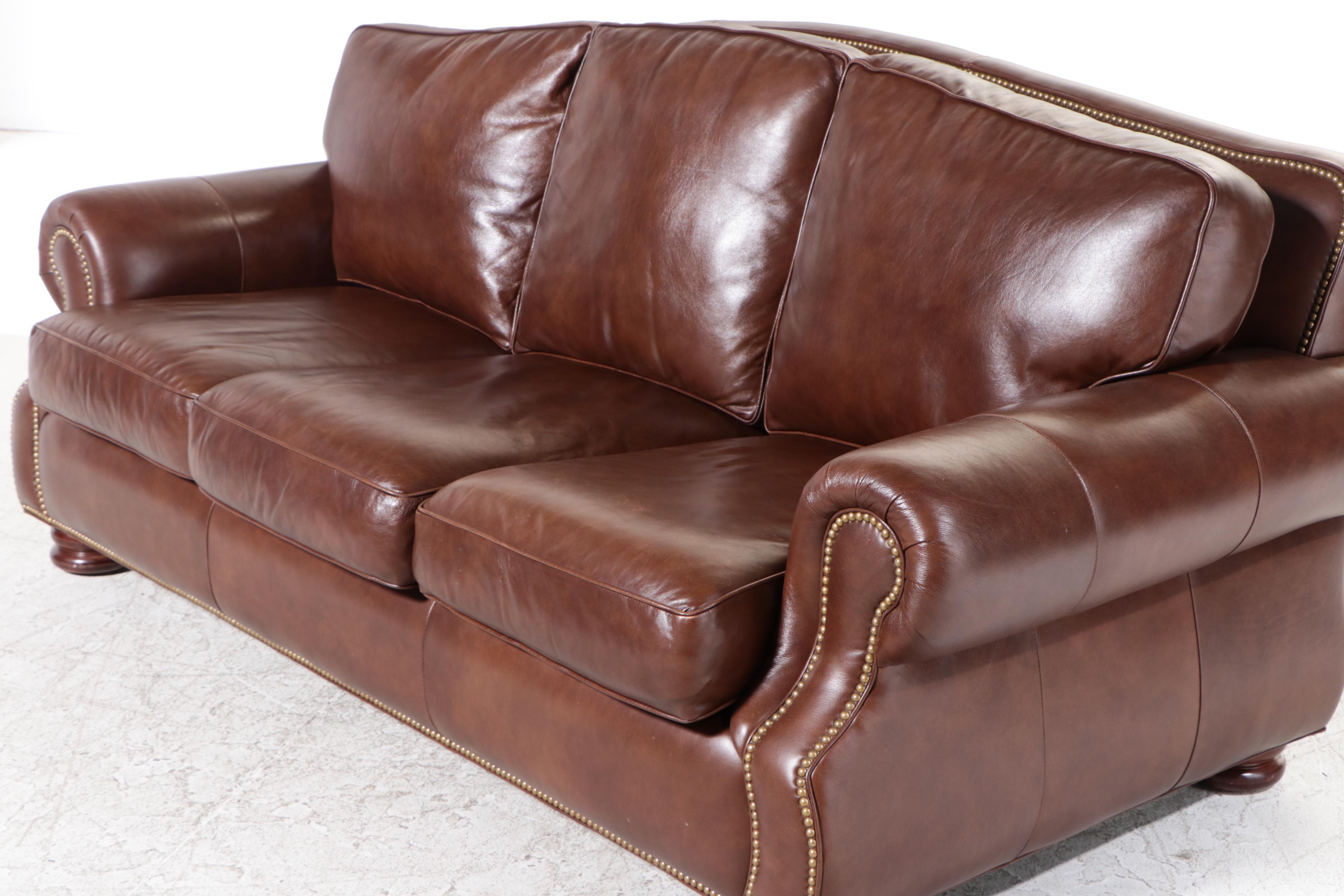 Hancock & Moore Brown Leather Roll-Arm Sofa with Nailheads