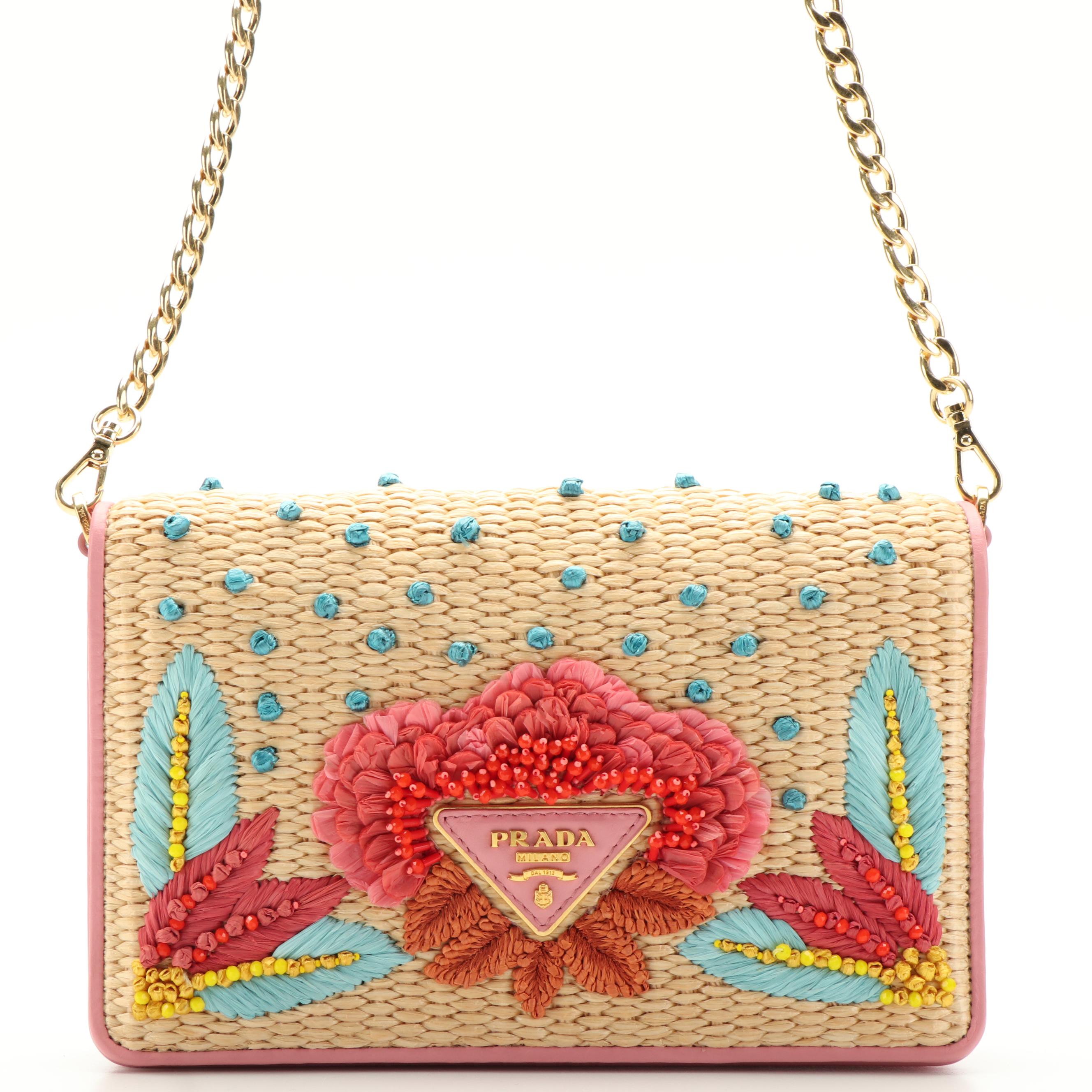 Prada Chain Shoulder Bag in Woven Straw and Pink Leather