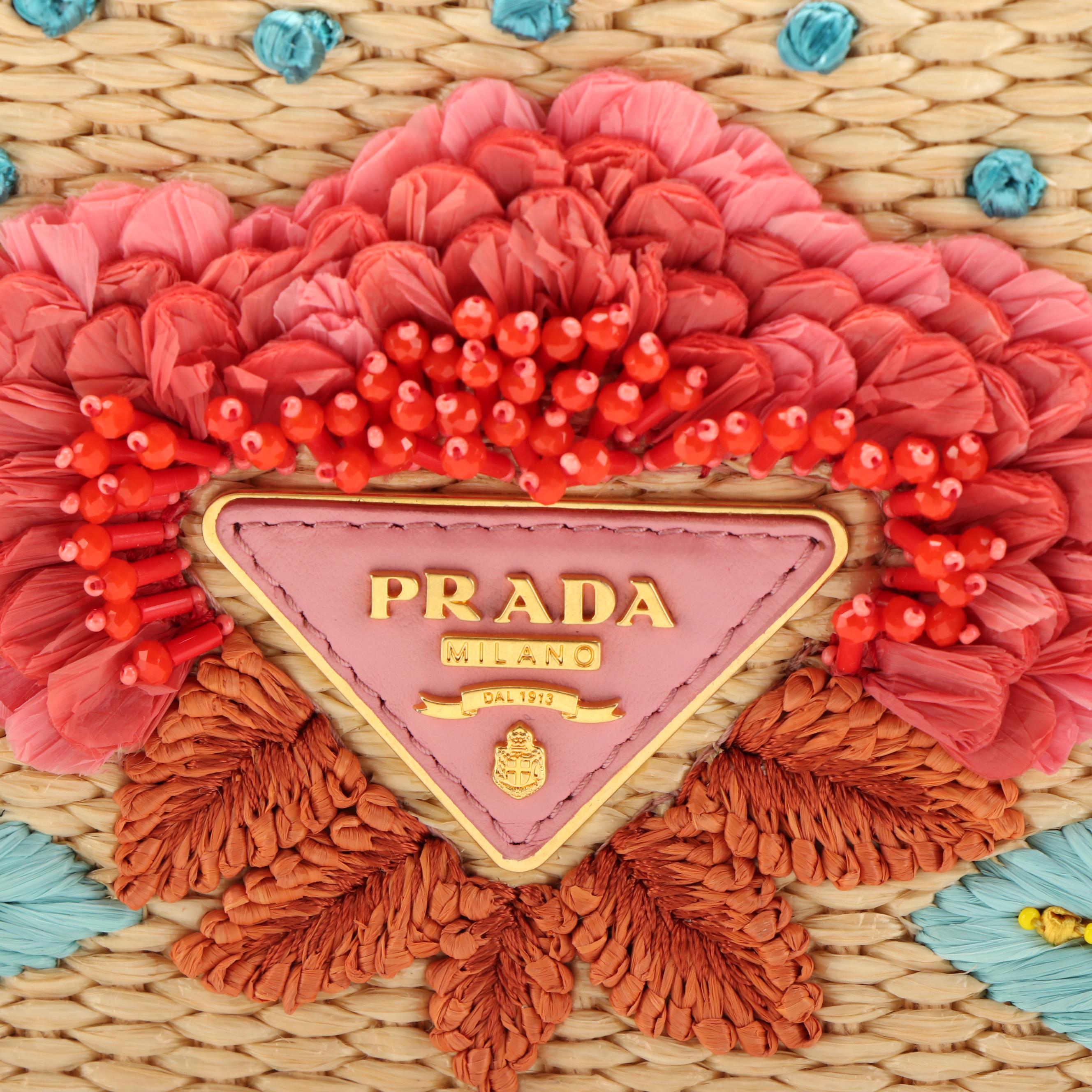 Prada Chain Shoulder Bag in Woven Straw and Pink Leather