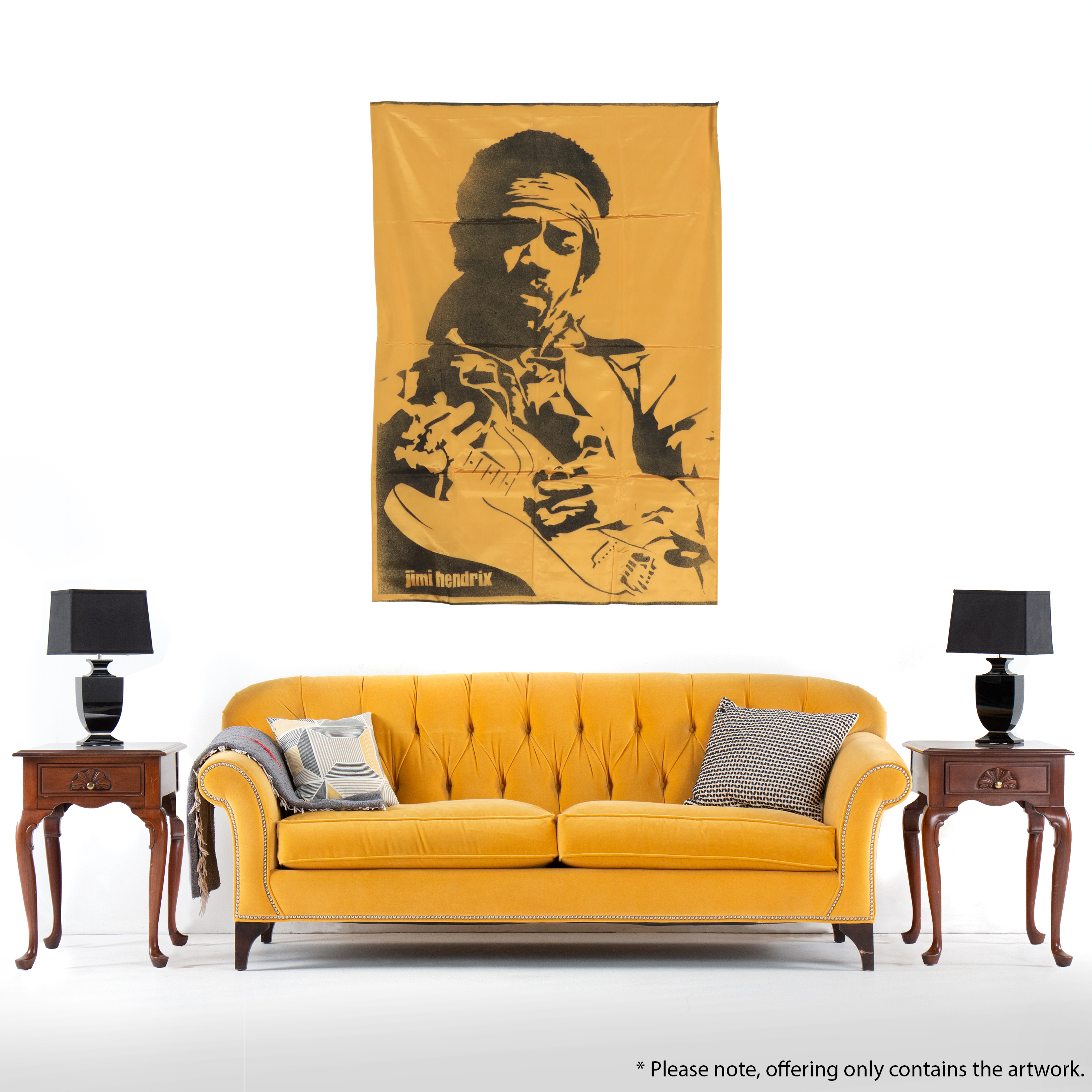 Jimi Hendrix Spray Paint Stenciled Fabric Wall Hanging