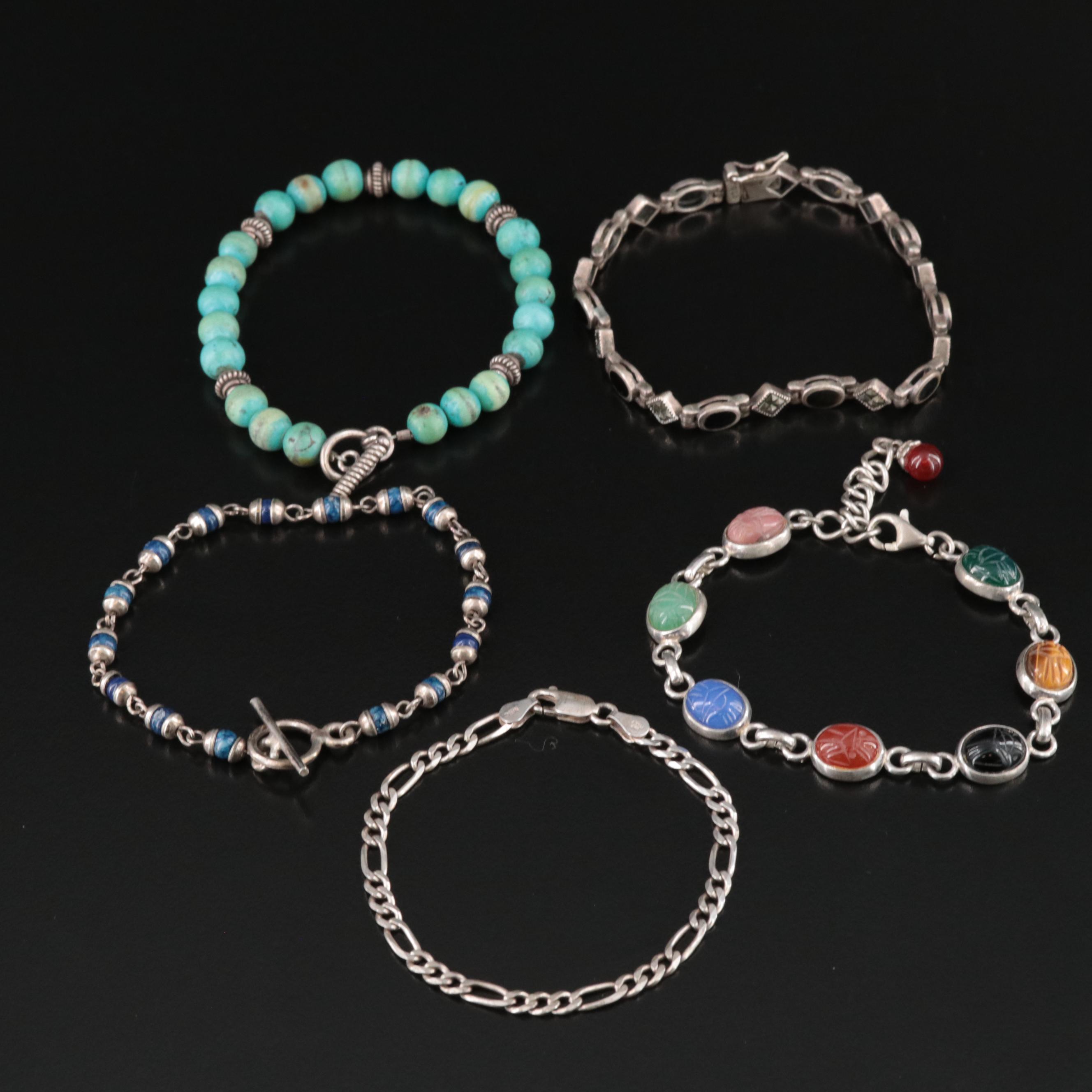 Sterling Bracelets Including Black Onyx, Chalcedony and Turquoise