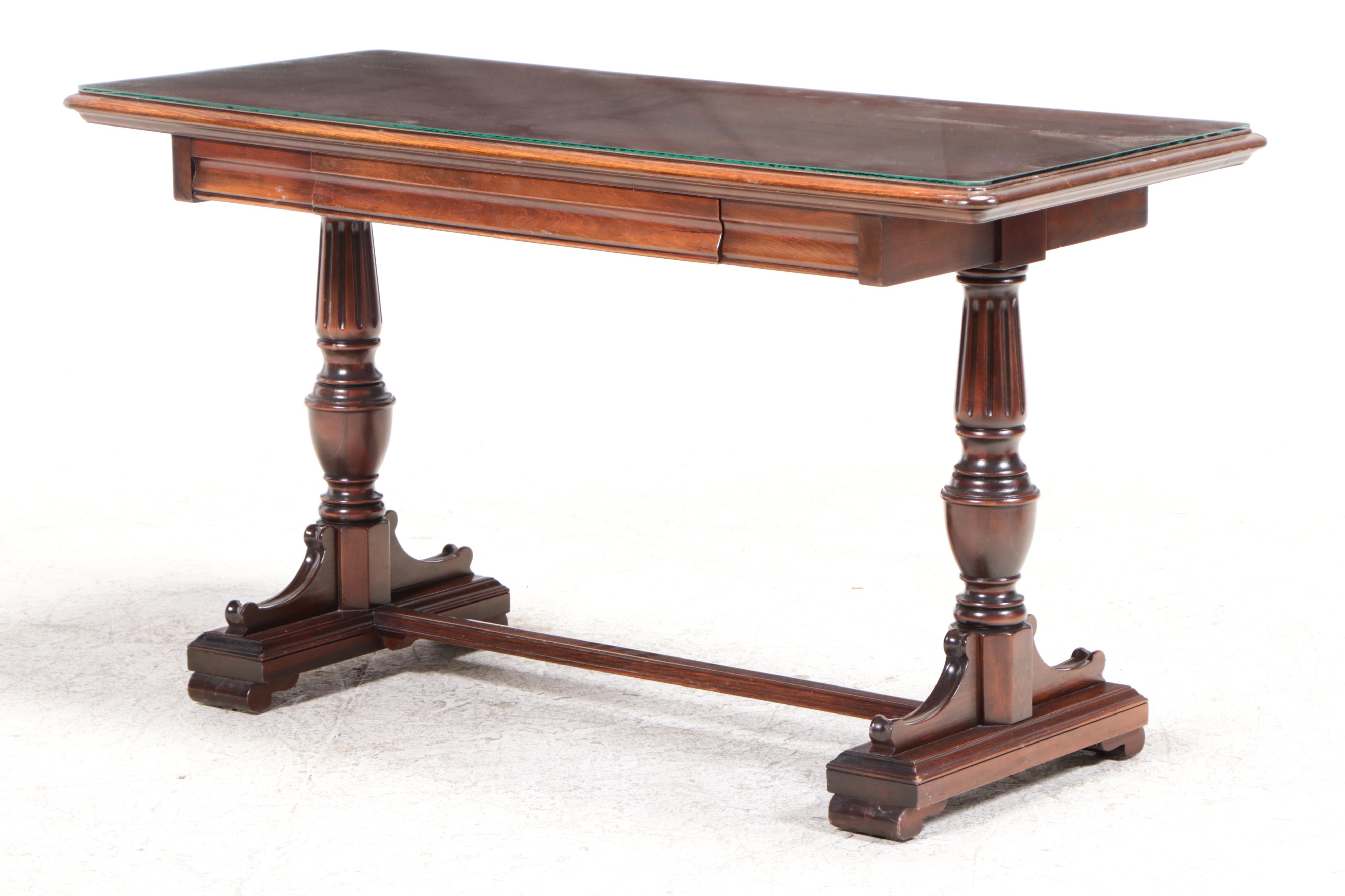Jacobean Style Mahogany Trestle-Base Writing Table Plus Walnut Side Chair