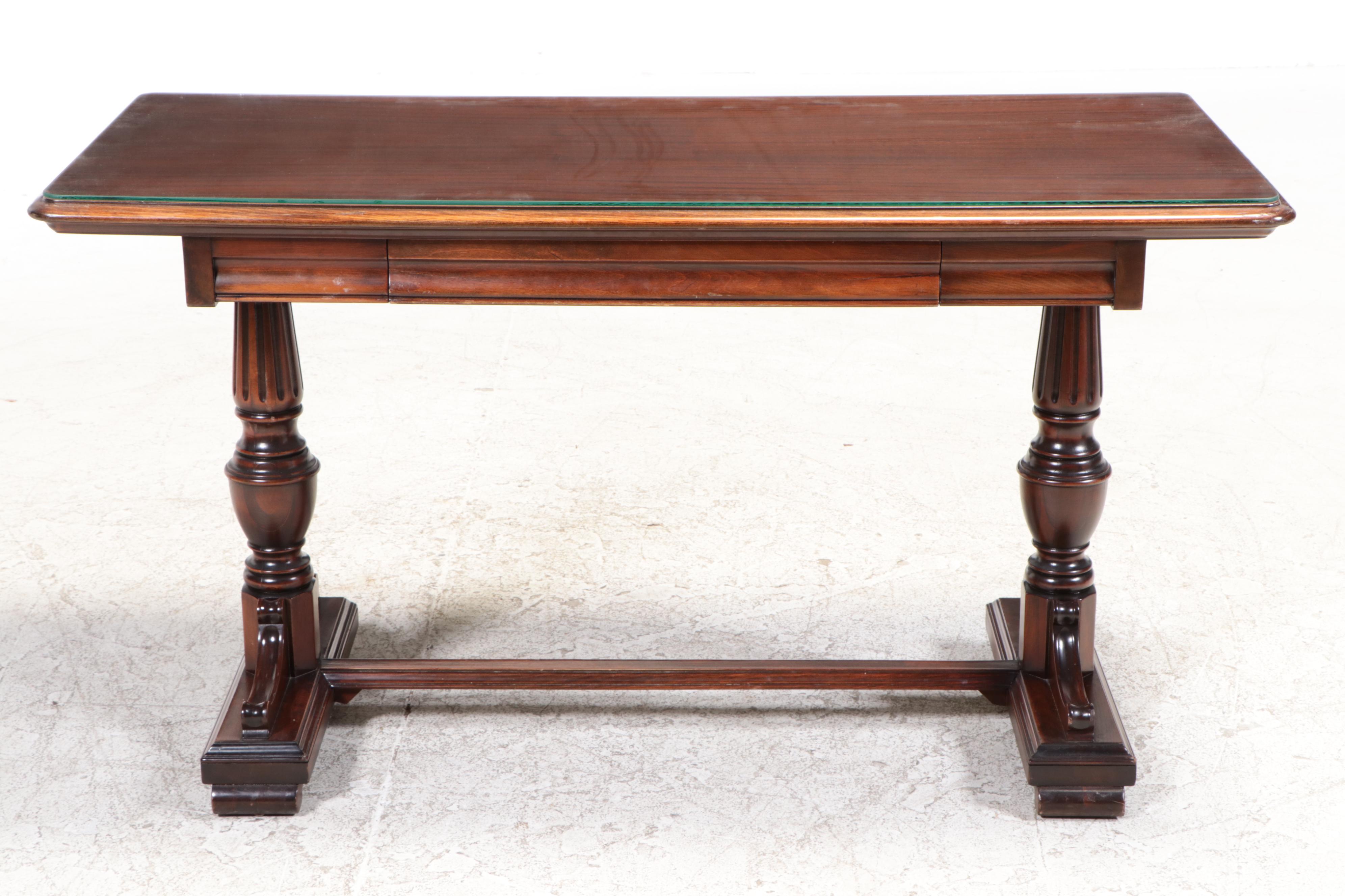 Jacobean Style Mahogany Trestle-Base Writing Table Plus Walnut Side Chair