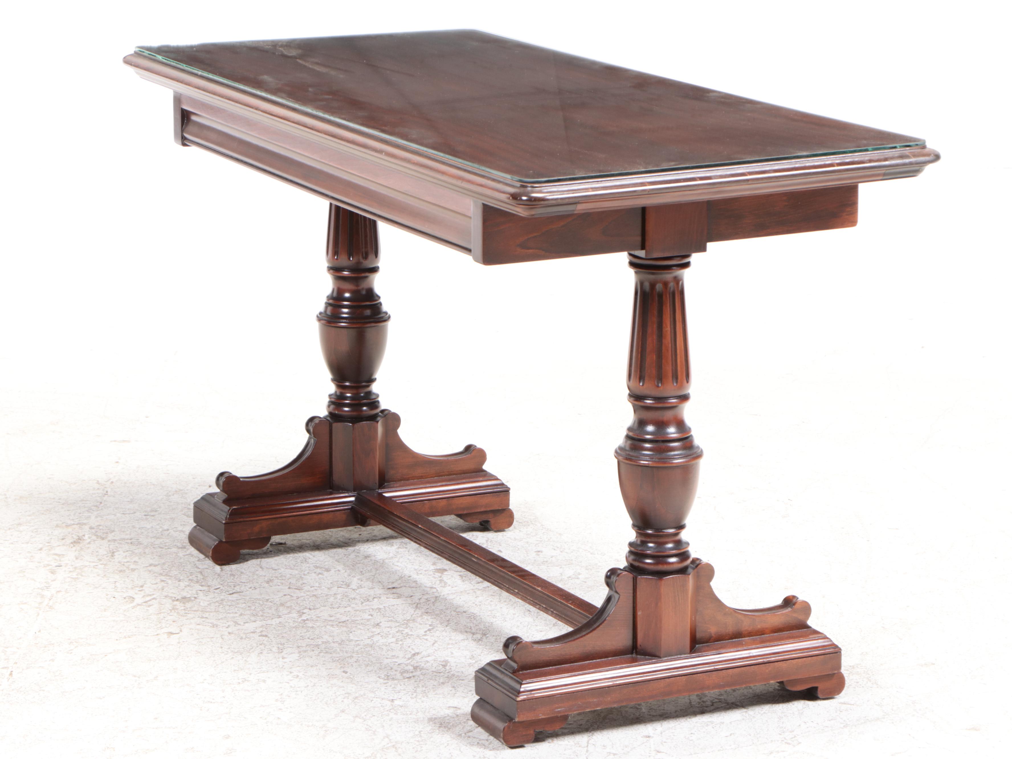 Jacobean Style Mahogany Trestle-Base Writing Table Plus Walnut Side Chair