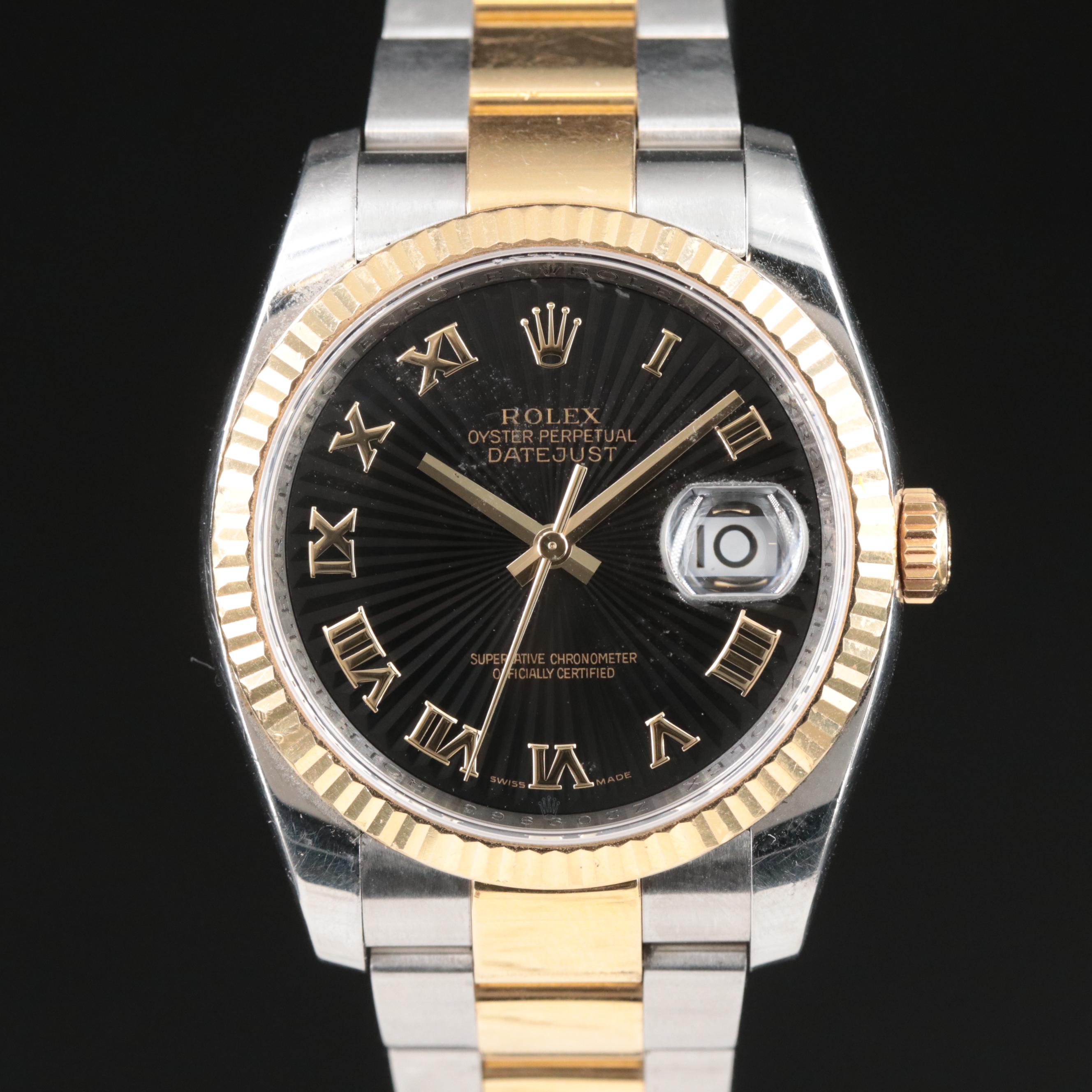 2006 Rolex Datejust Black Sunbeam and Roman Numeral Dial Watch