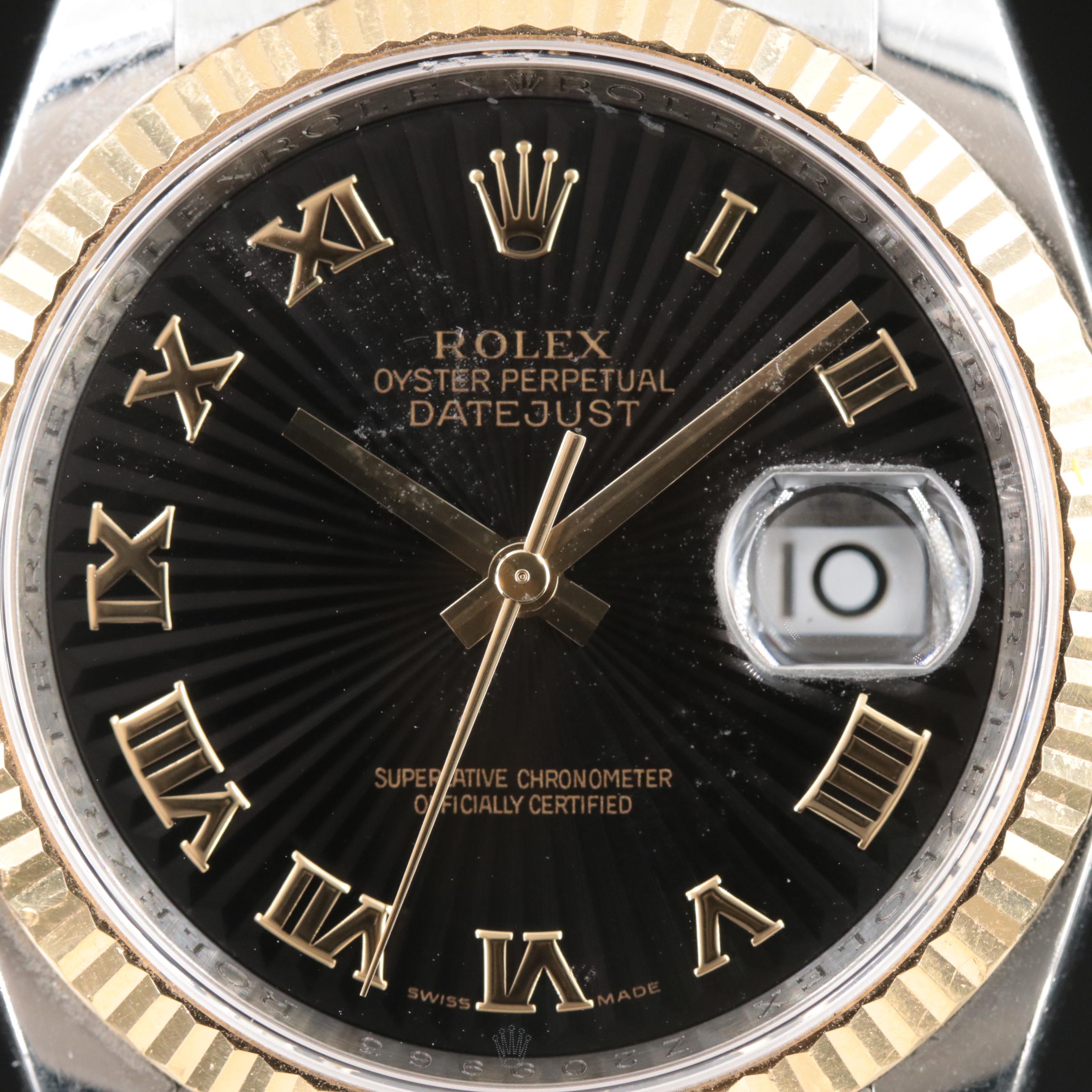 2006 Rolex Datejust Black Sunbeam and Roman Numeral Dial Watch
