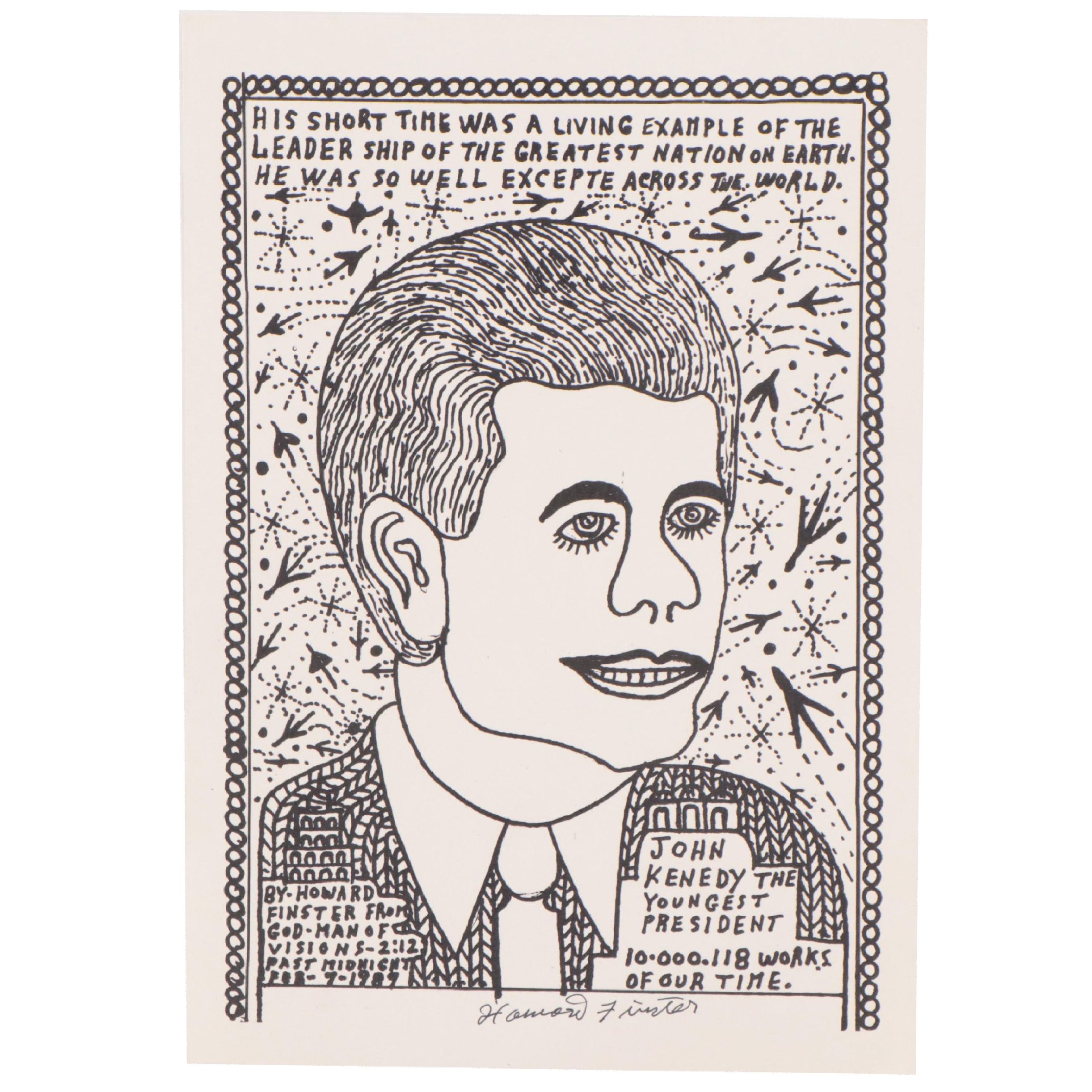 Howard Finster Folk Art Lithograph "John F. Kenedy the Youngest President"