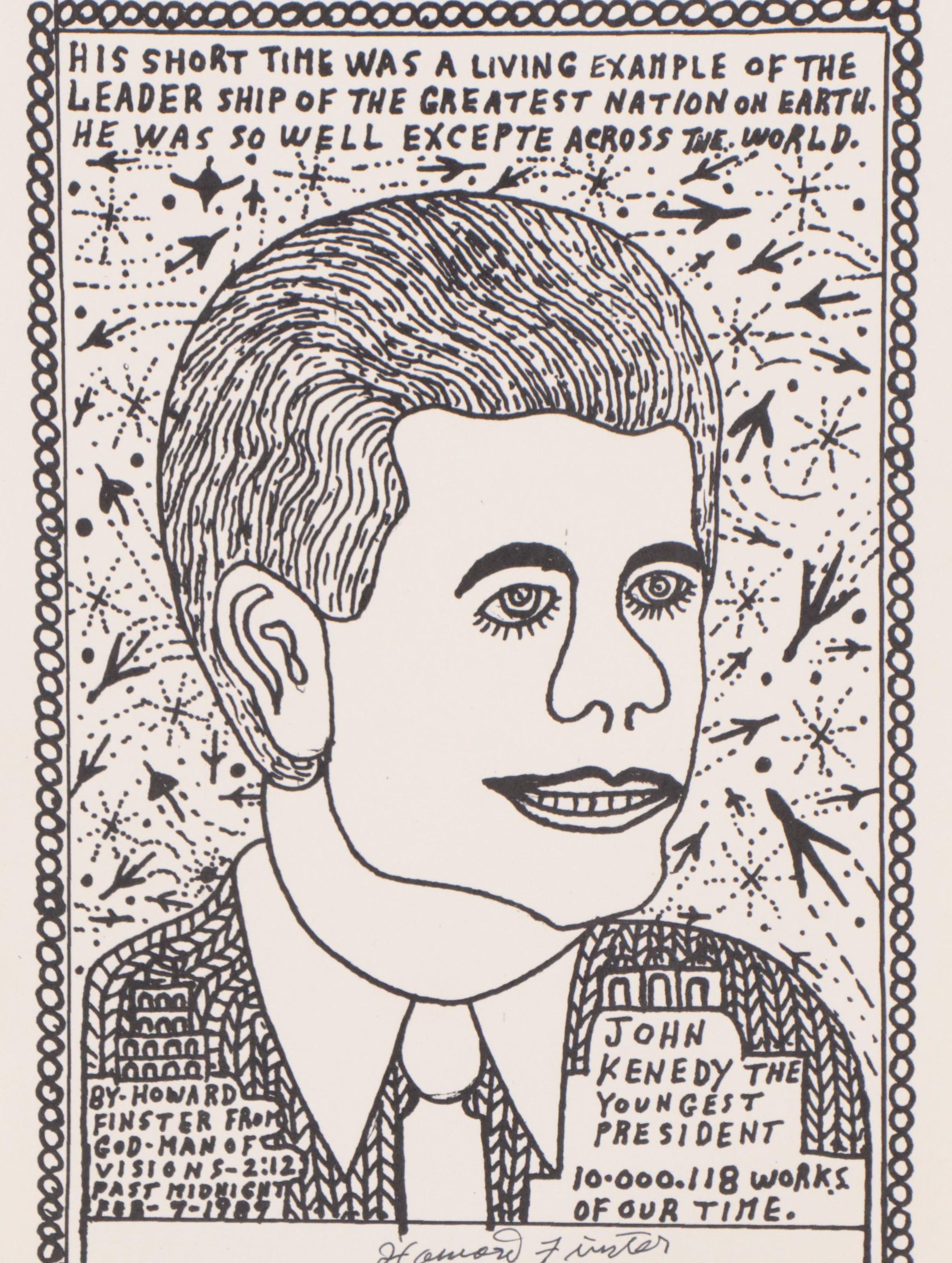 Howard Finster Folk Art Lithograph "John F. Kenedy the Youngest President"