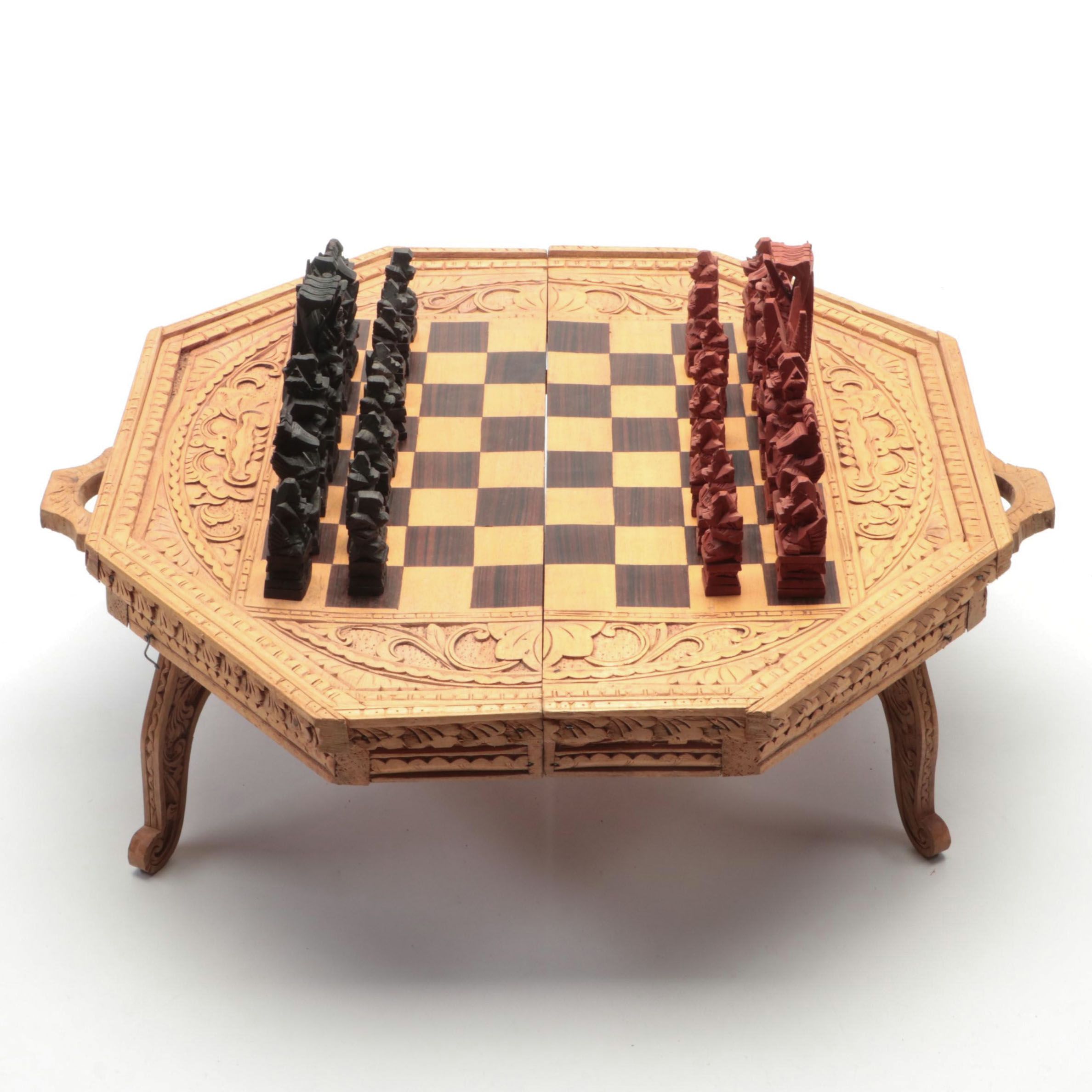 Ornate Carved Wood 2-in-1 Chess and Backgammon Game Board with Game Pieces