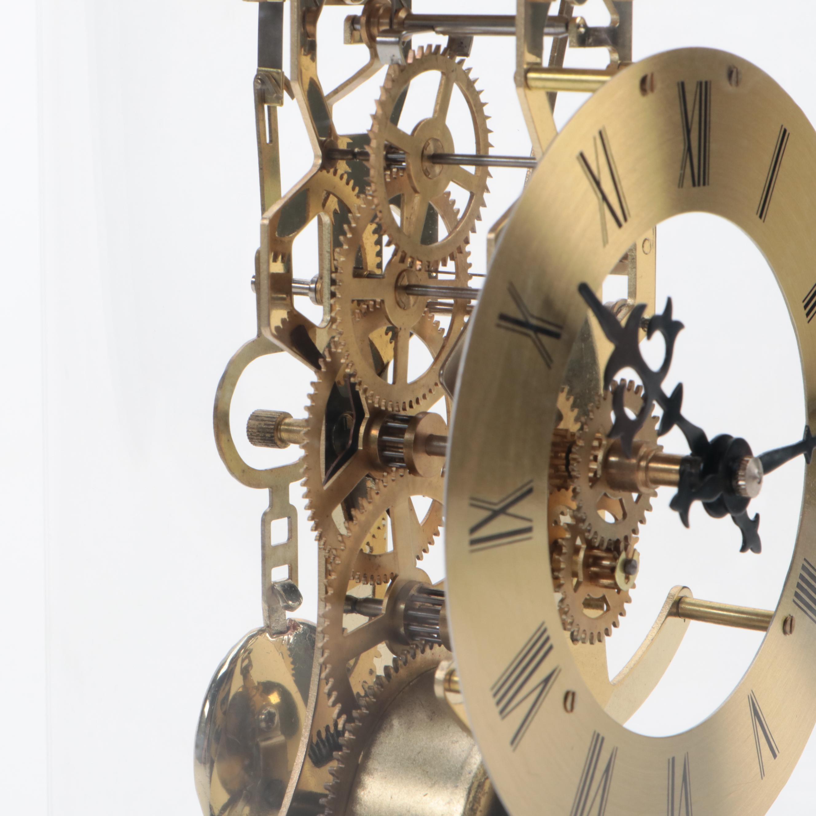 Brass Skeleton Gear Mantel Clock in Glass Case