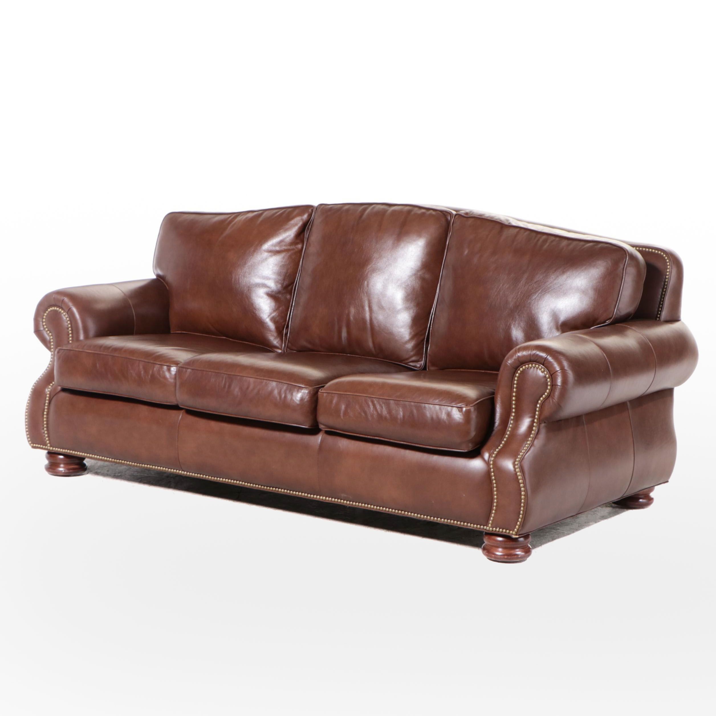 Hancock & Moore Brown Leather Roll-Arm Sofa with Nailheads
