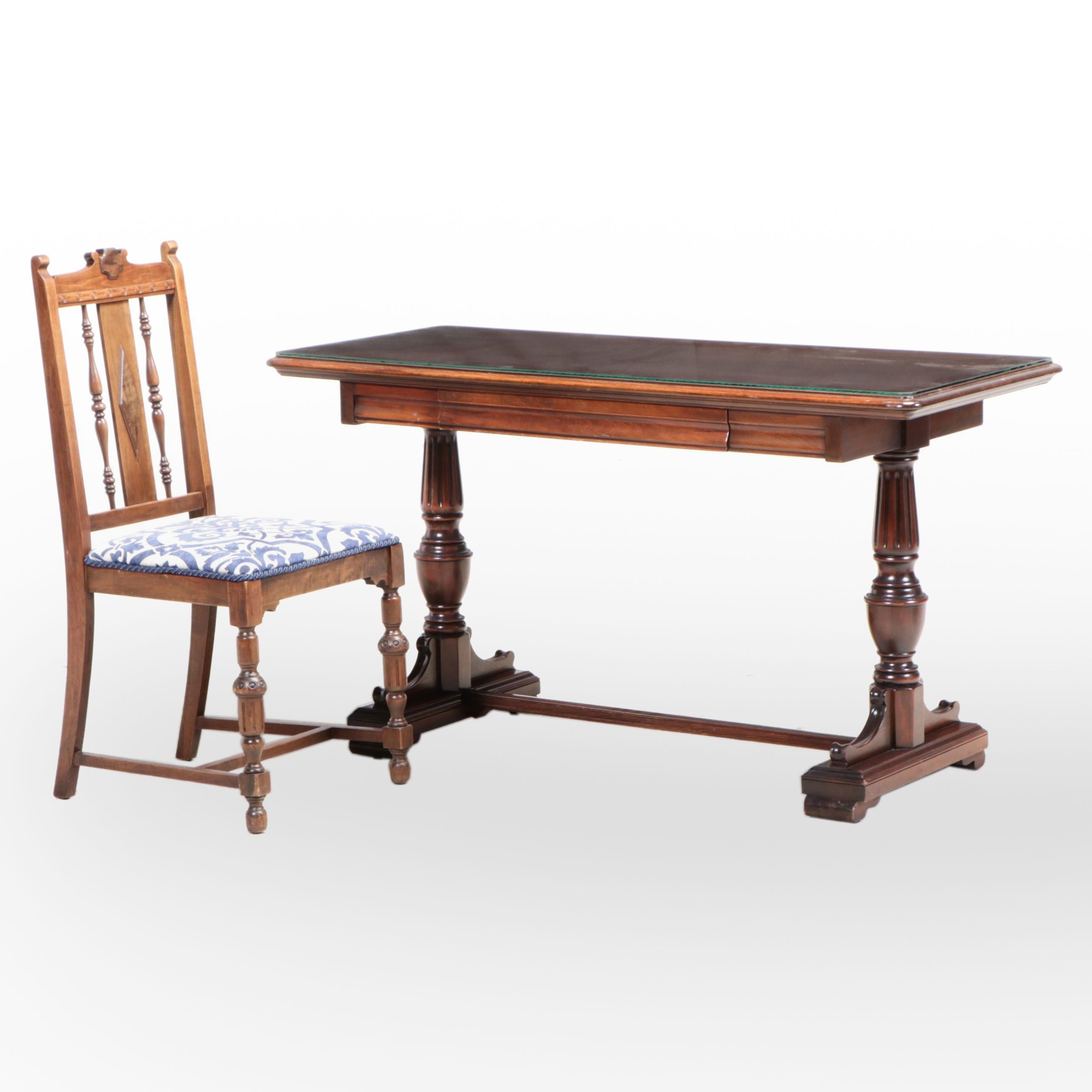 Jacobean Style Mahogany Trestle-Base Writing Table Plus Walnut Side Chair