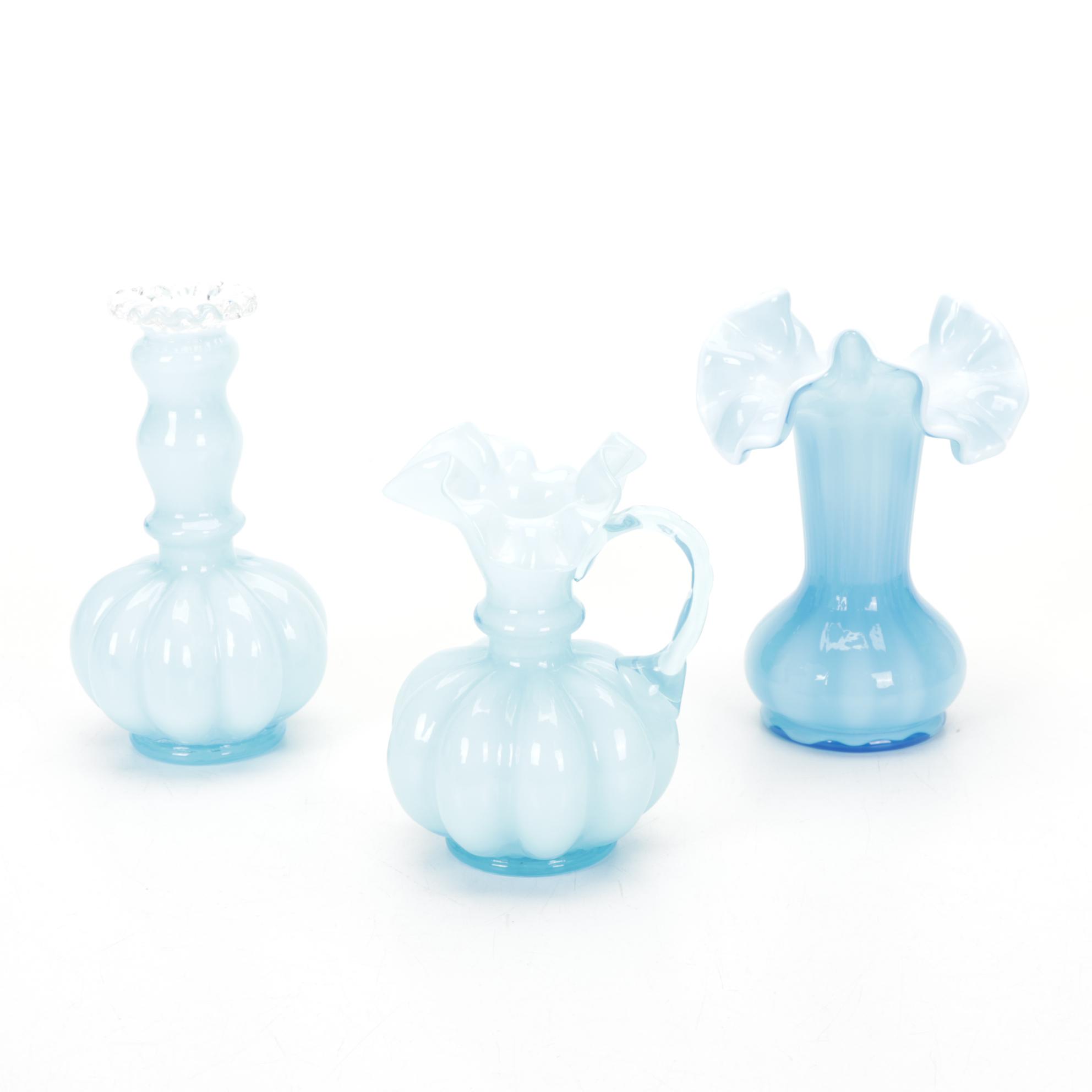 Fenton Blue Melon Pitcher and Vases  with Other Glass Decor