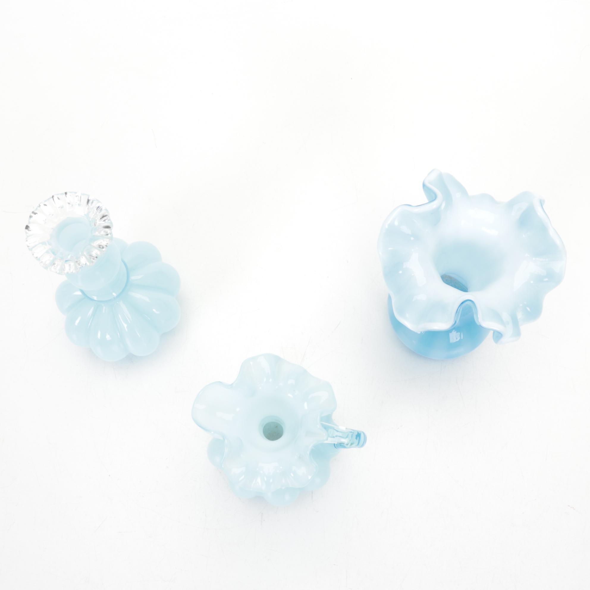 Fenton Blue Melon Pitcher and Vases  with Other Glass Decor