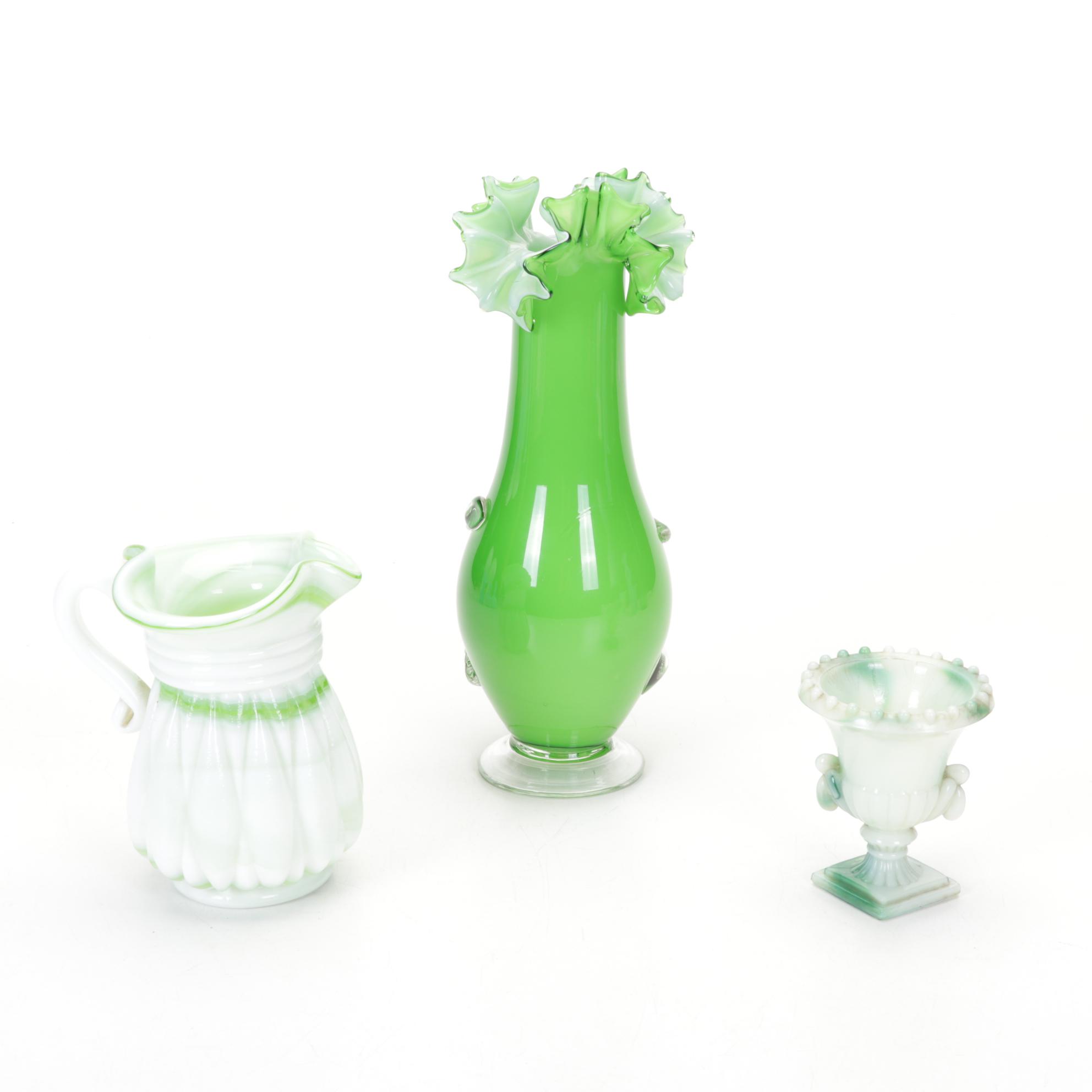 Fenton Blue Melon Pitcher and Vases  with Other Glass Decor