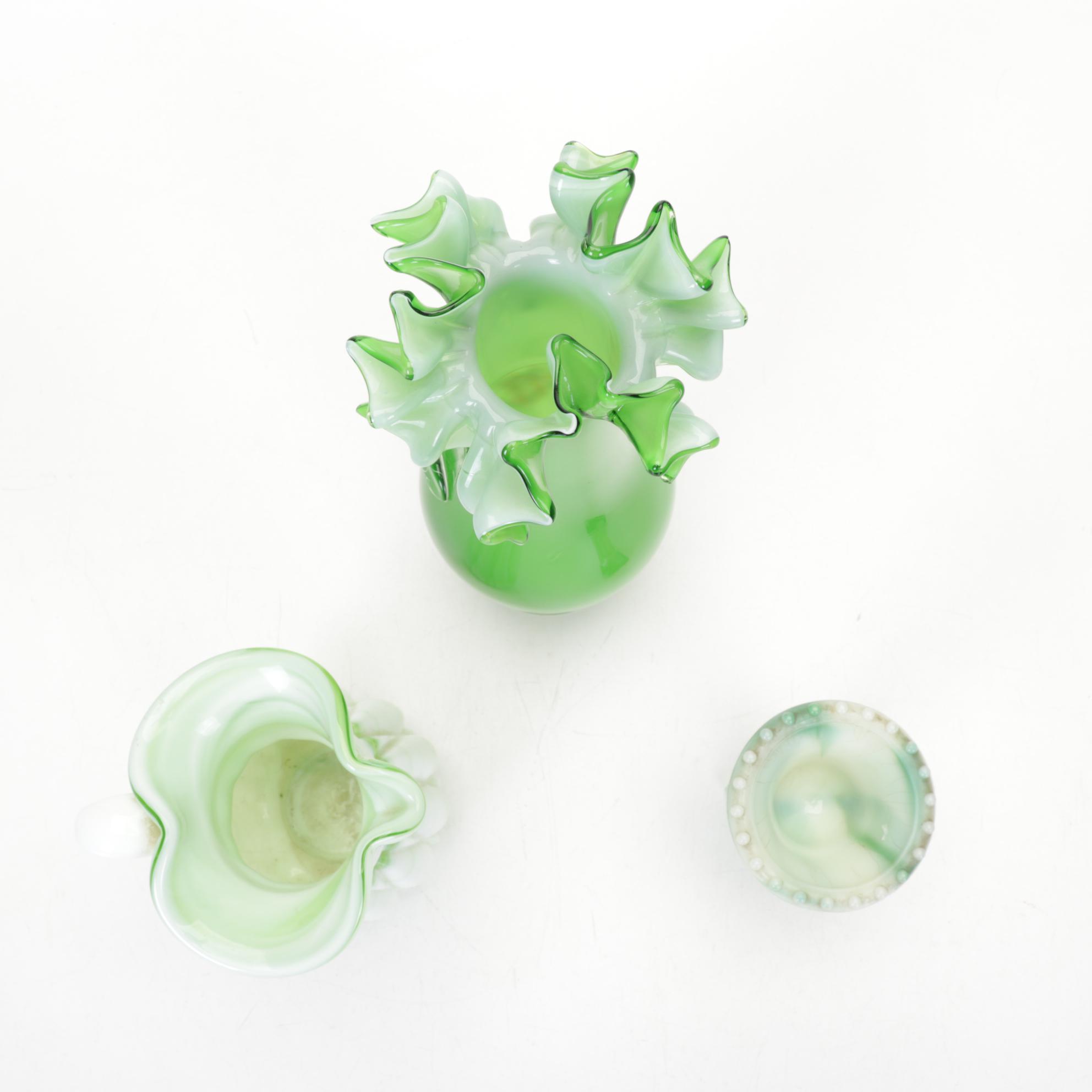 Fenton Blue Melon Pitcher and Vases  with Other Glass Decor