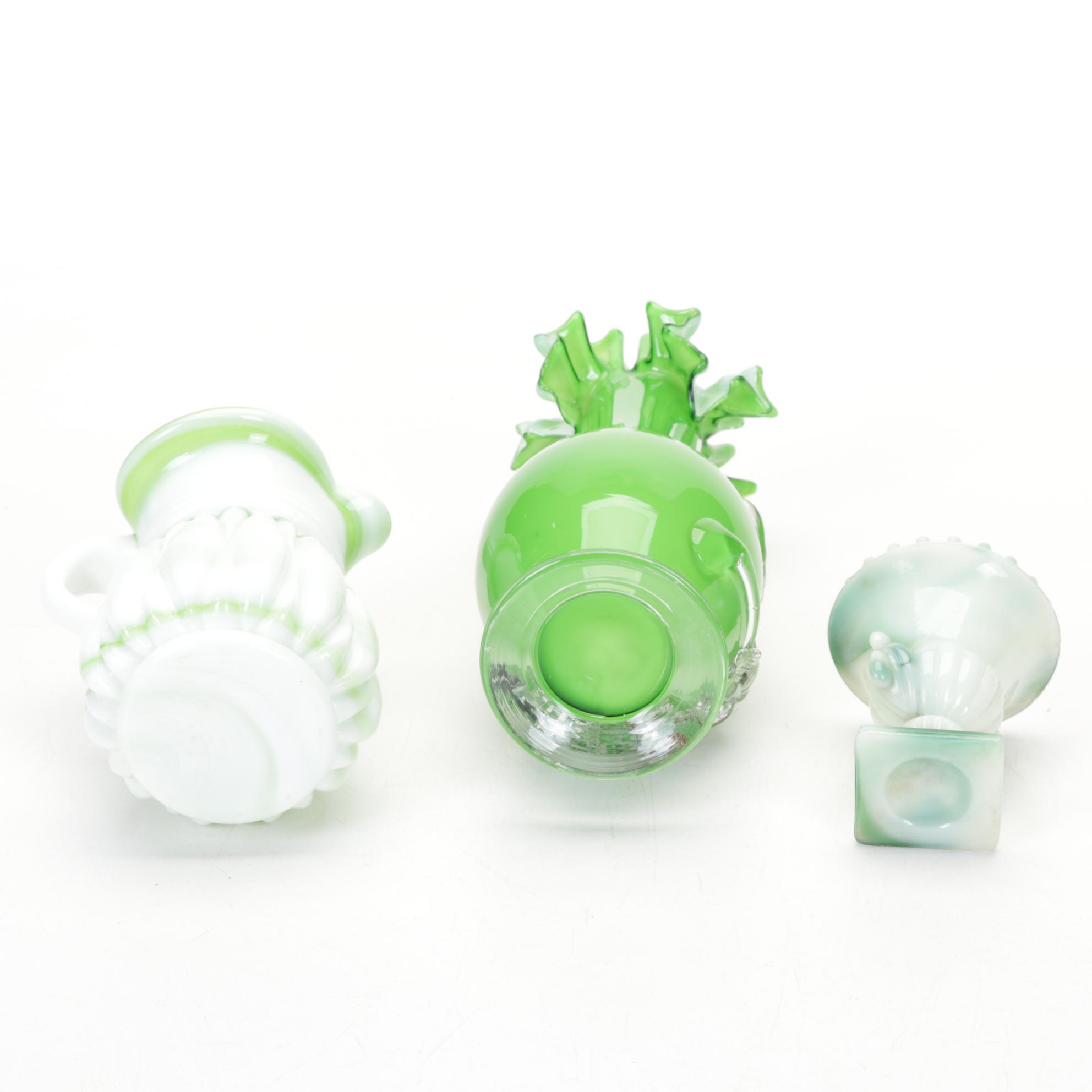 Fenton Blue Melon Pitcher and Vases  with Other Glass Decor