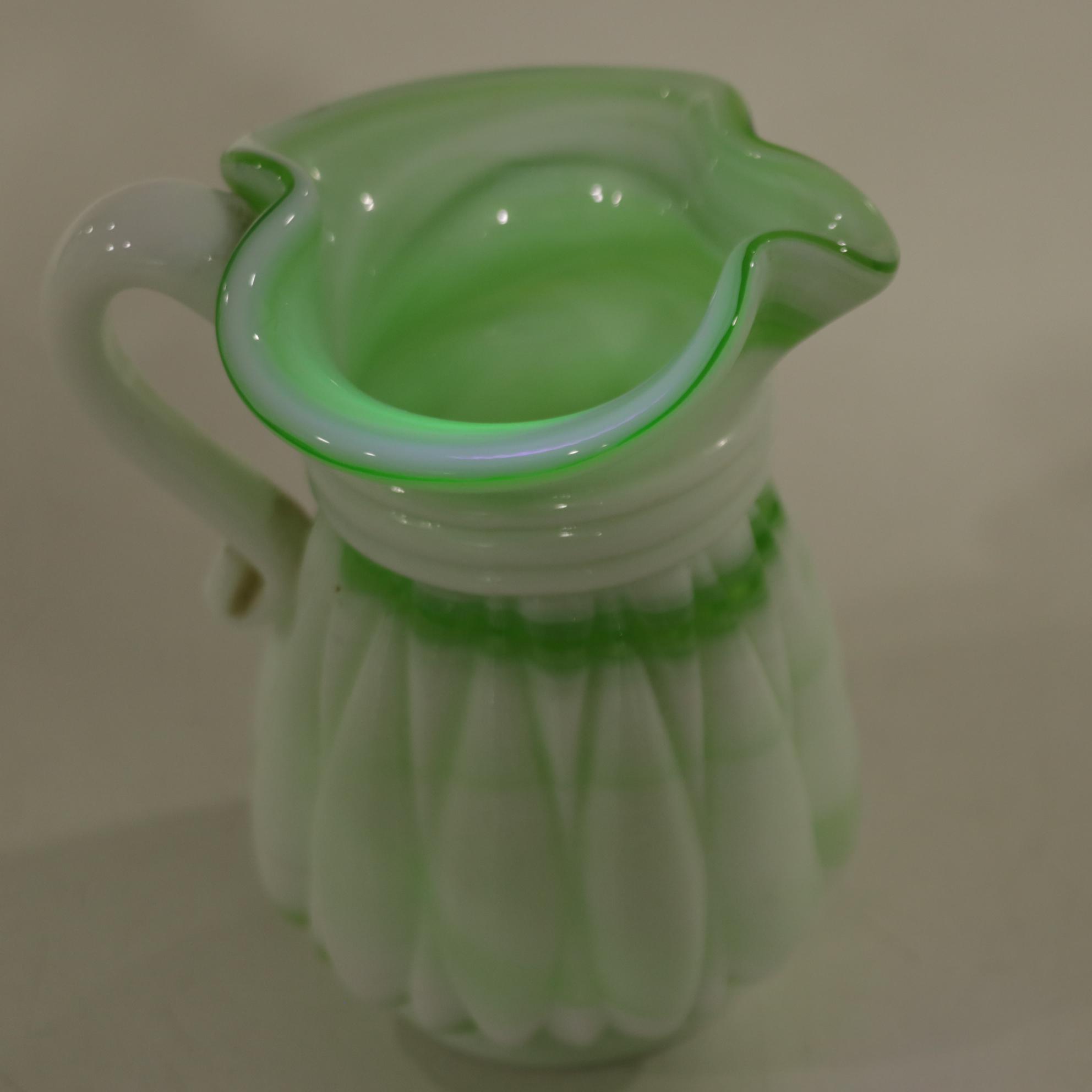 Fenton Blue Melon Pitcher and Vases  with Other Glass Decor