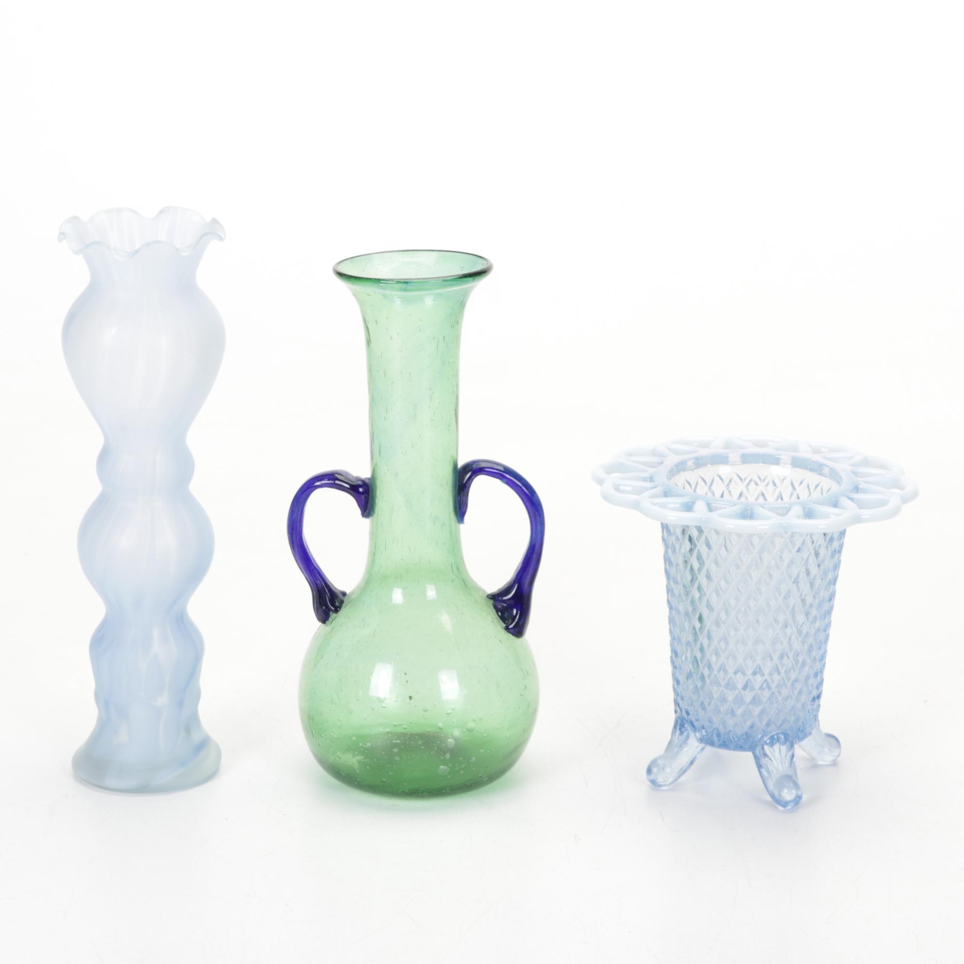 Fenton Blue Melon Pitcher and Vases  with Other Glass Decor