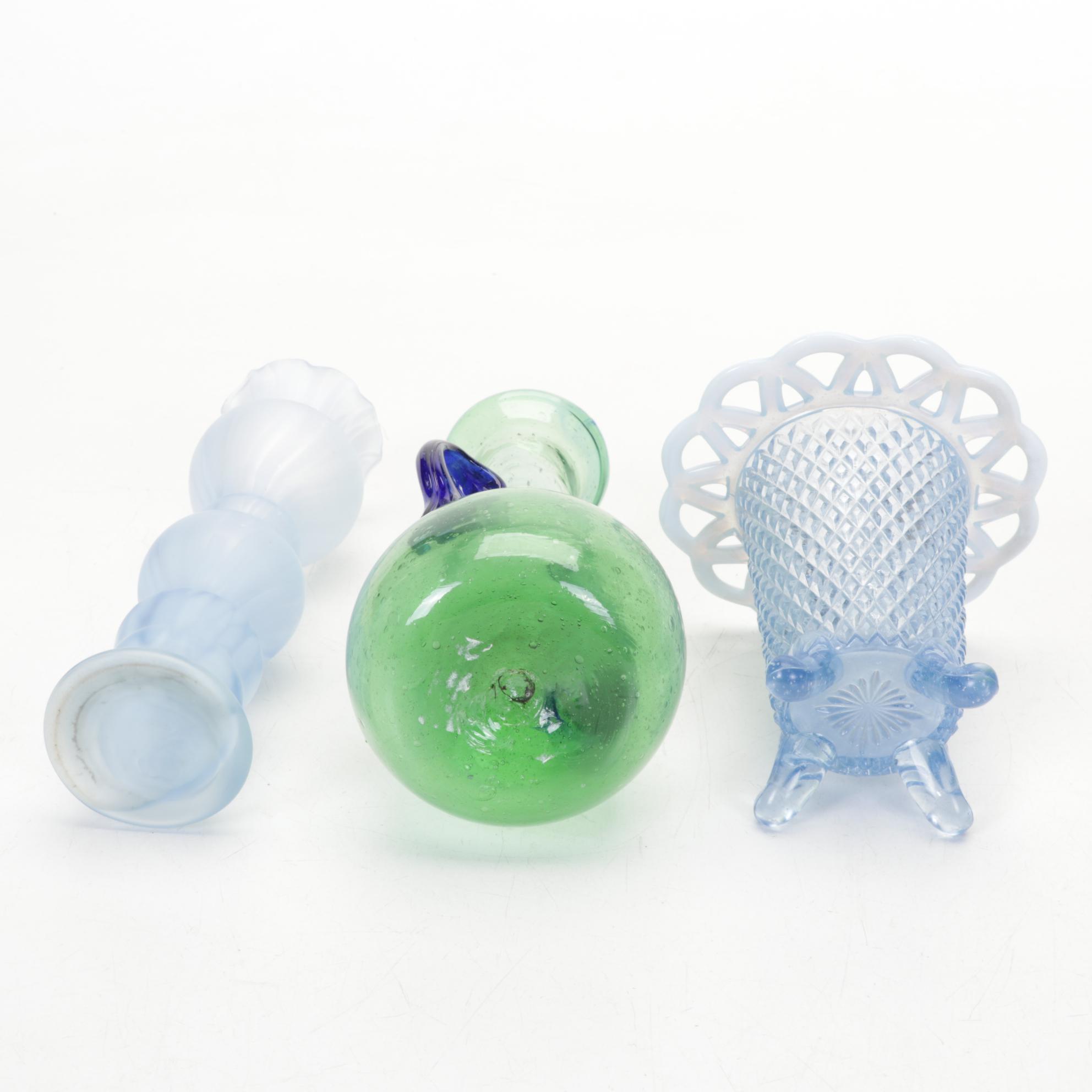 Fenton Blue Melon Pitcher and Vases  with Other Glass Decor