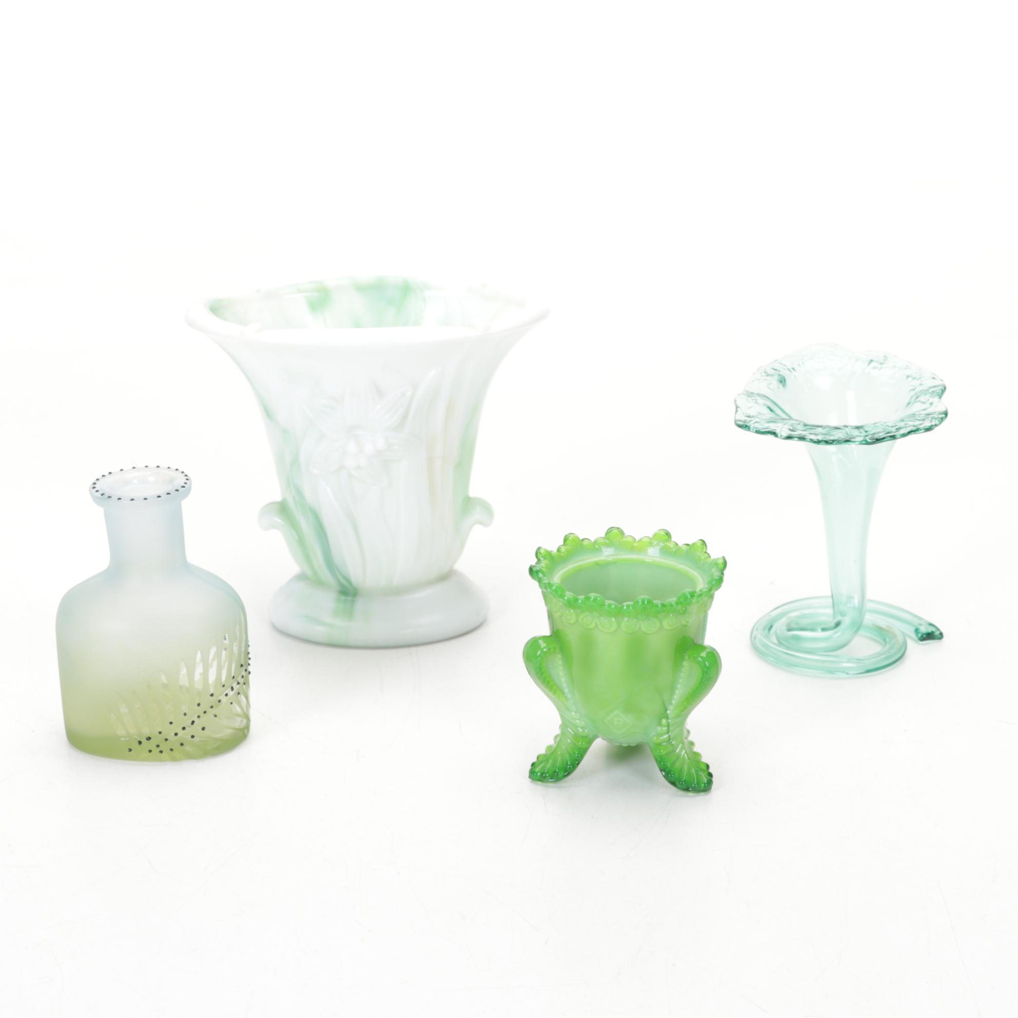 Fenton Blue Melon Pitcher and Vases  with Other Glass Decor