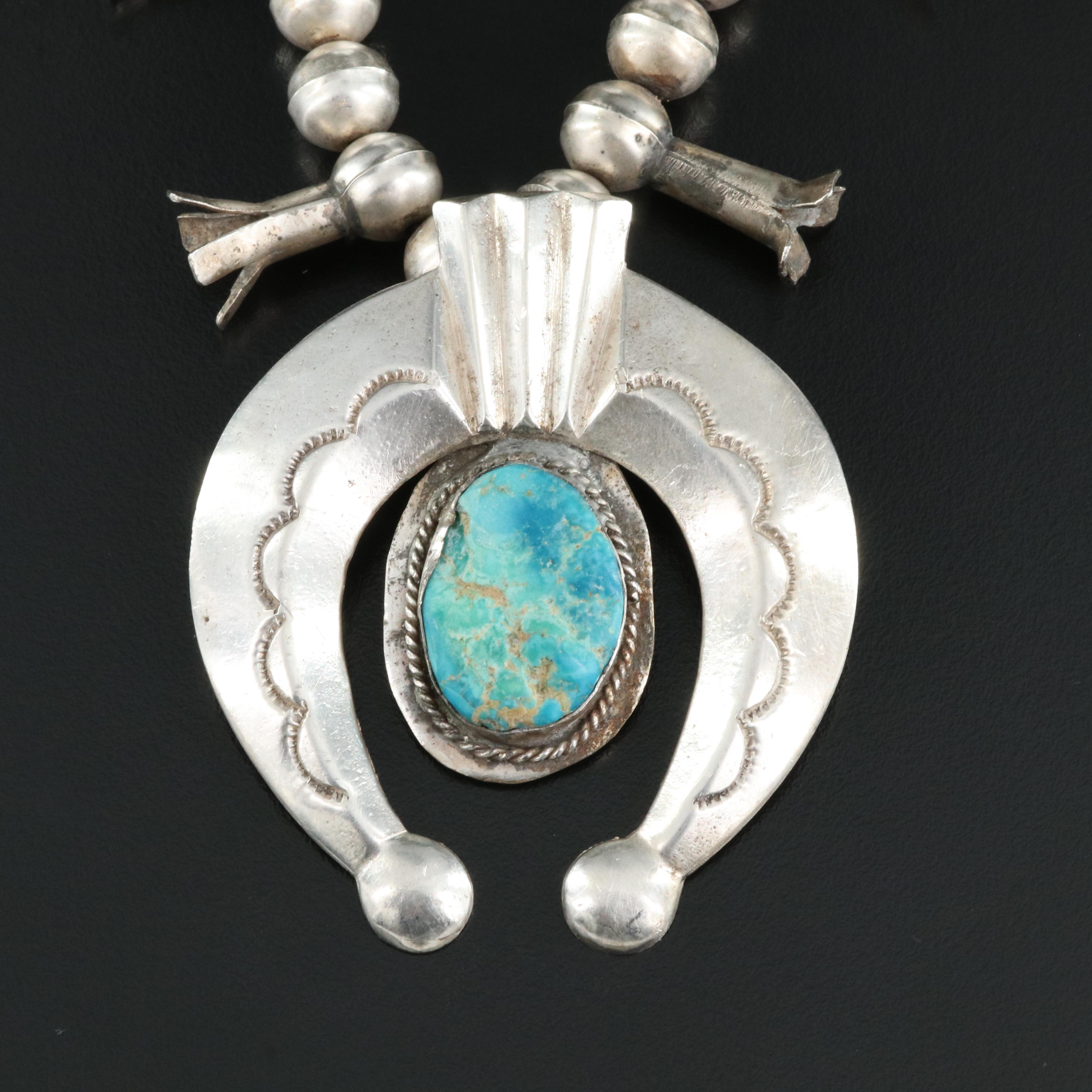 Southwestern Sterling  Turquoise Squash Blossom Necklace with Naja