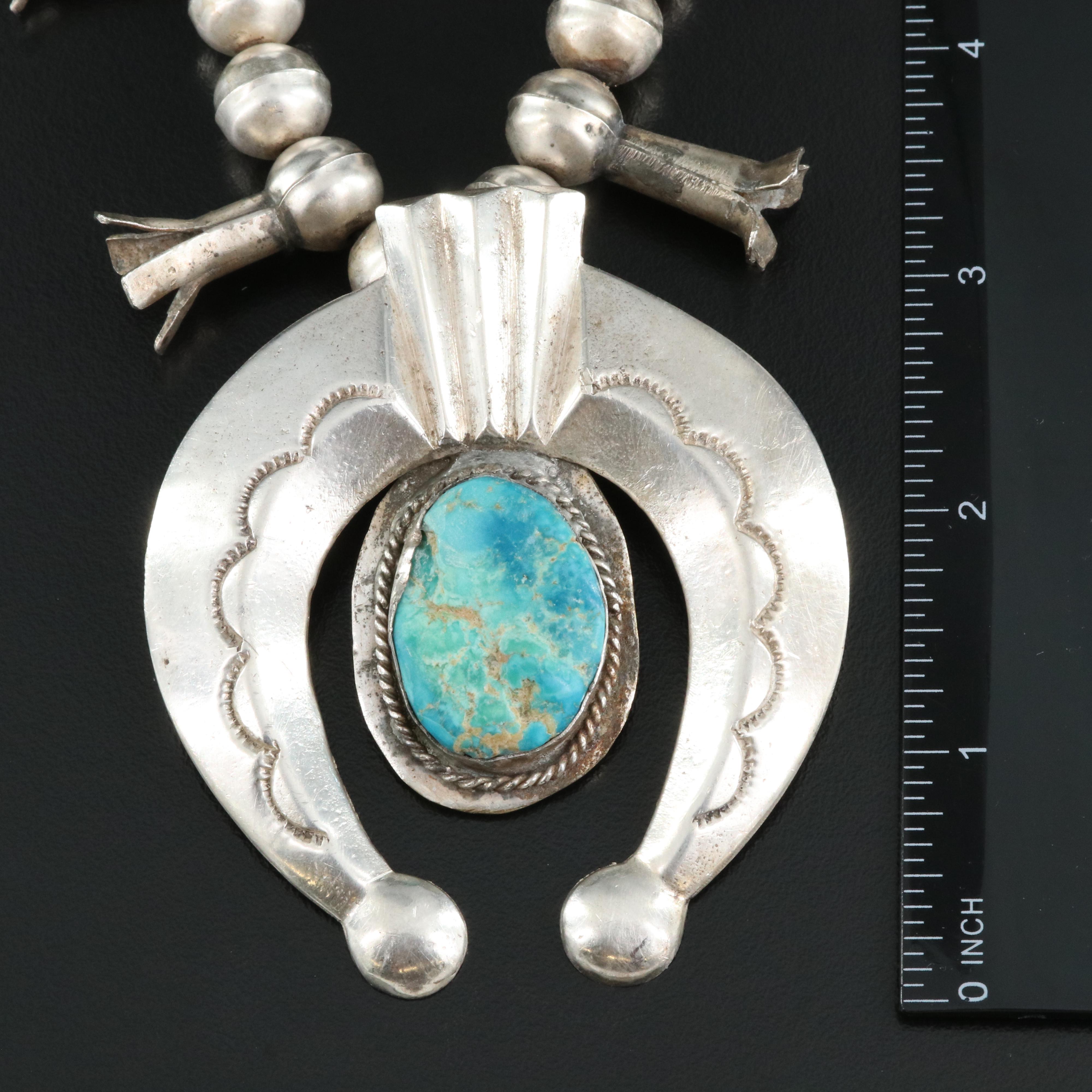 Southwestern Sterling  Turquoise Squash Blossom Necklace with Naja