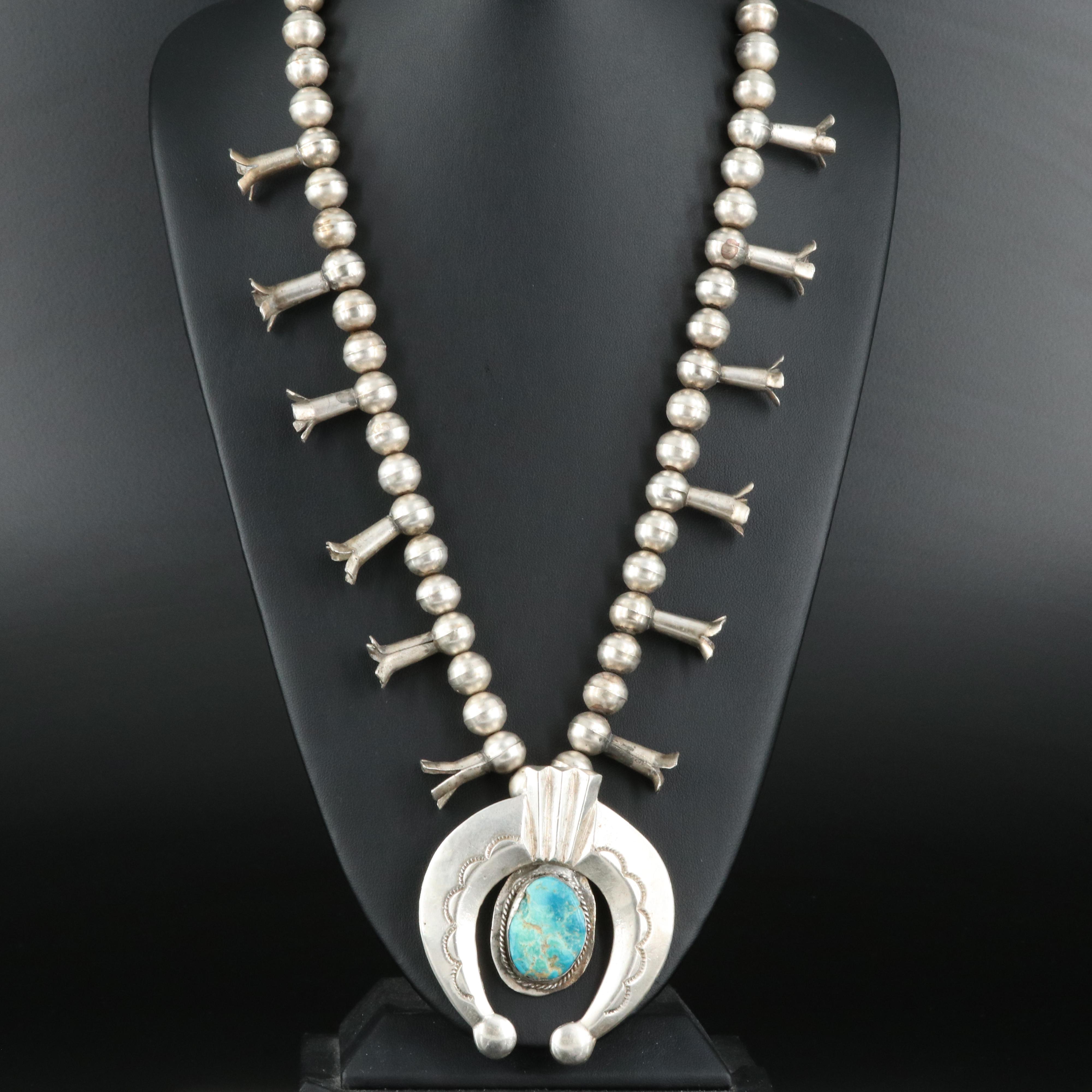 Southwestern Sterling  Turquoise Squash Blossom Necklace with Naja