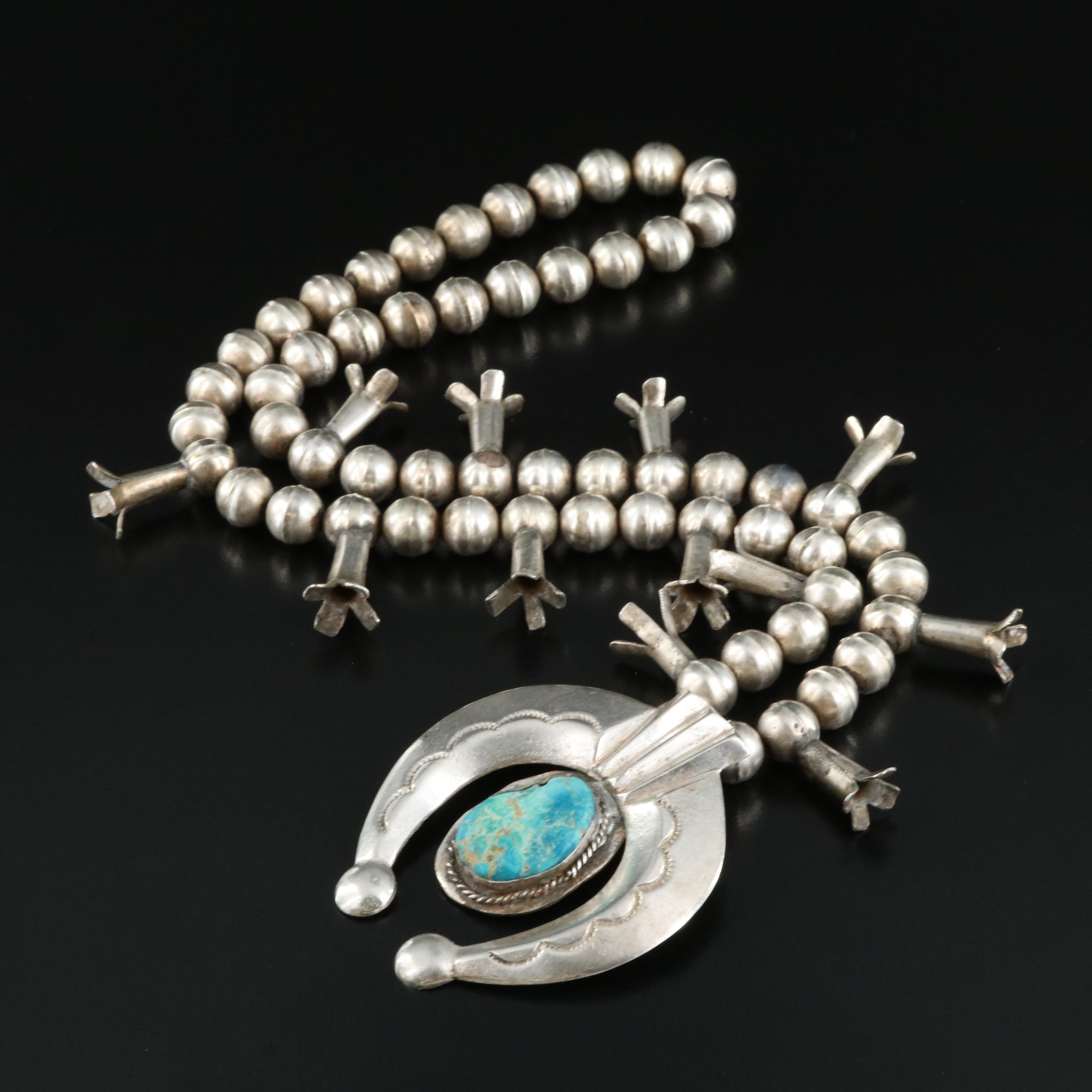 Southwestern Sterling  Turquoise Squash Blossom Necklace with Naja