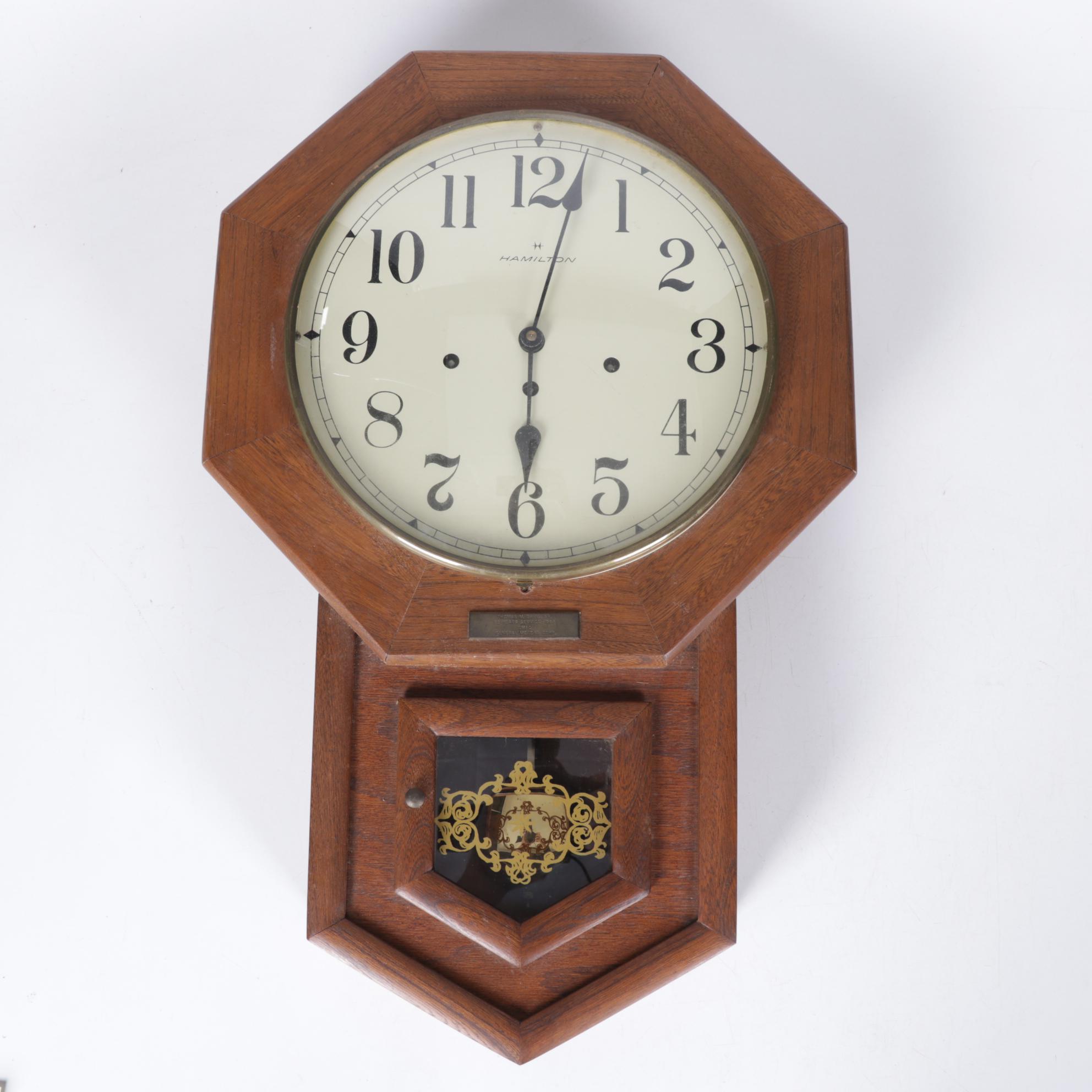 Hamilton "Head Master" Pendulum Wall Clock With Pair of Watercolor Paintings