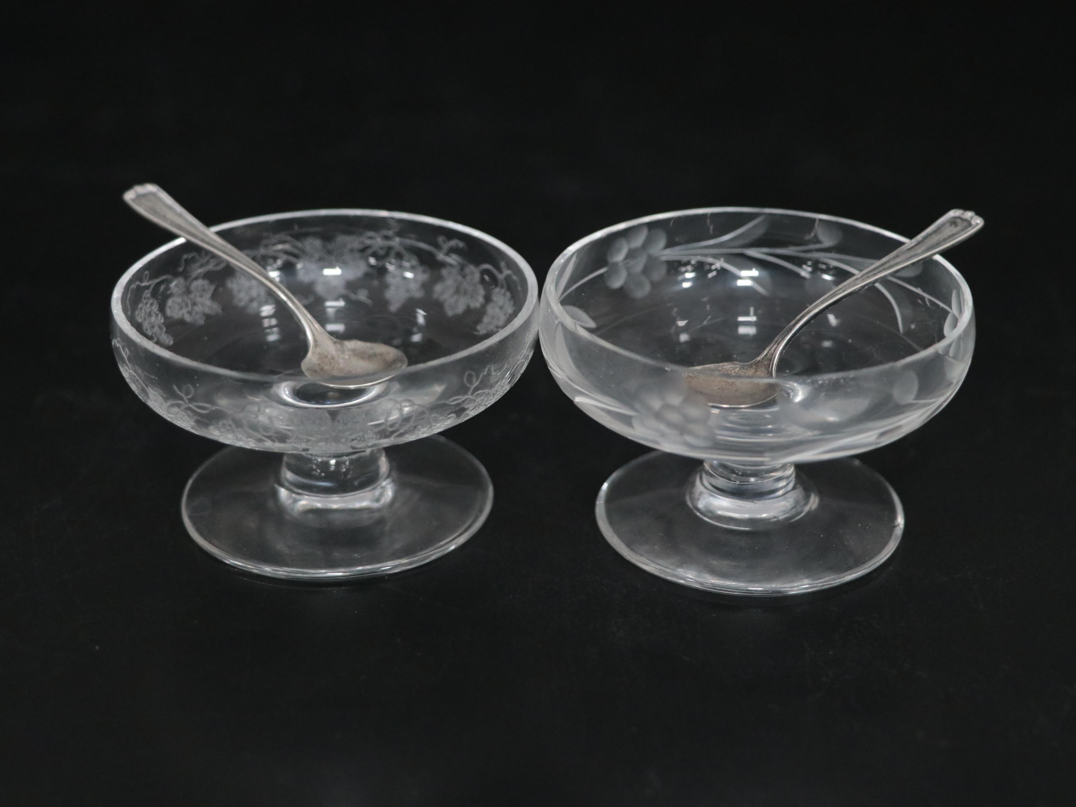 Etched Glass Salt Cellars with Sterling Salt Spoons and Cocktail Sticks