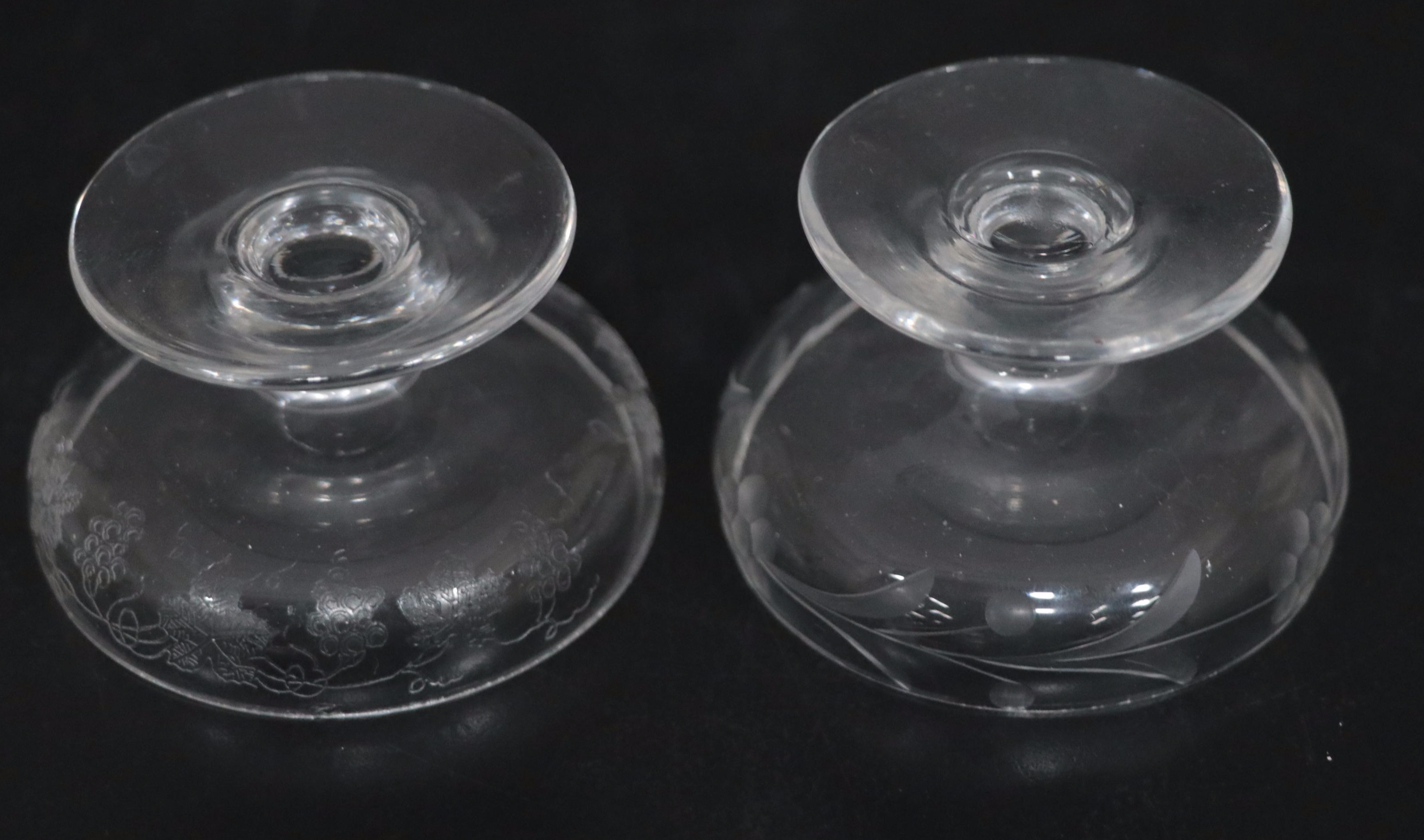 Etched Glass Salt Cellars with Sterling Salt Spoons and Cocktail Sticks