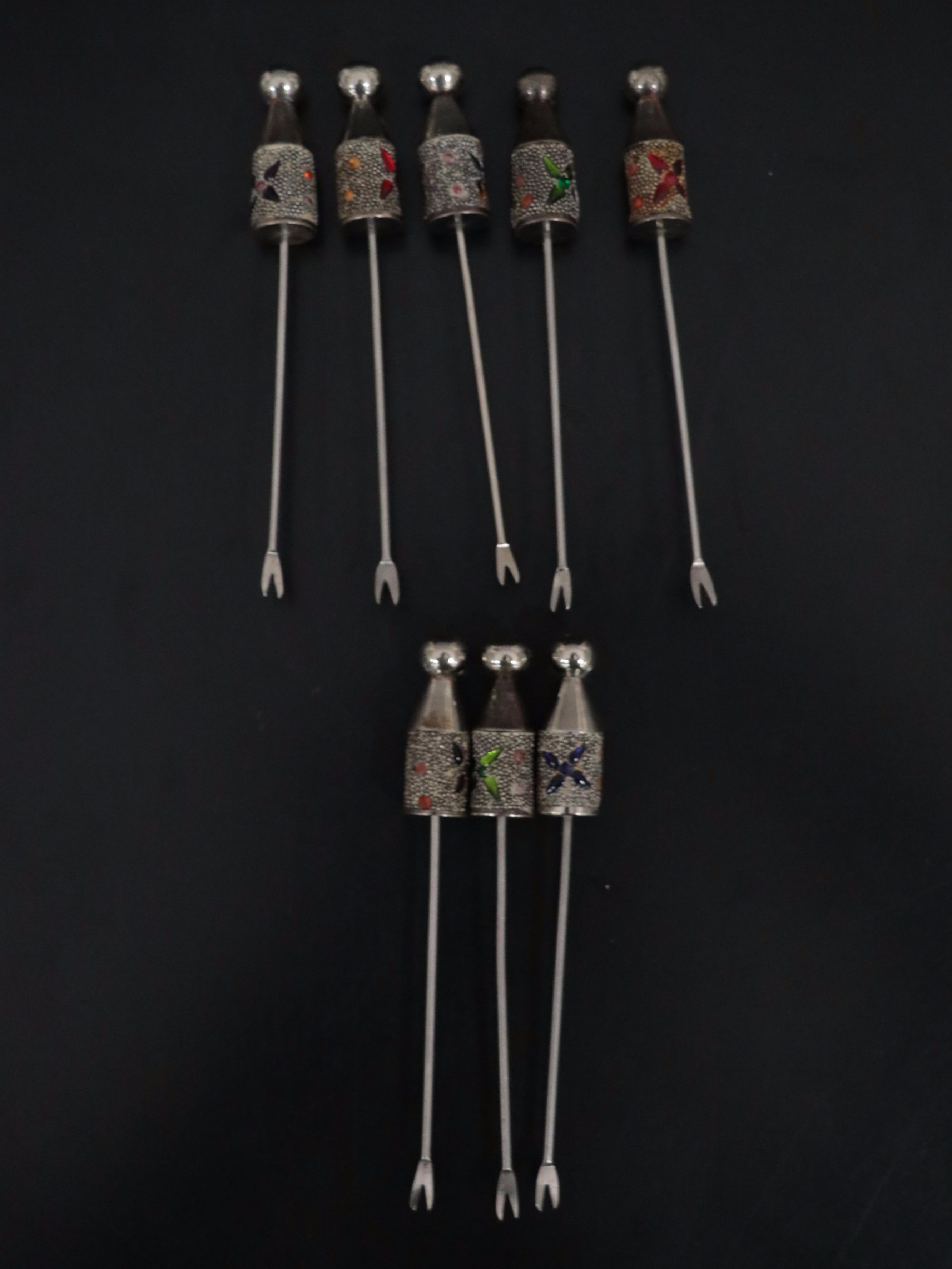 Etched Glass Salt Cellars with Sterling Salt Spoons and Cocktail Sticks