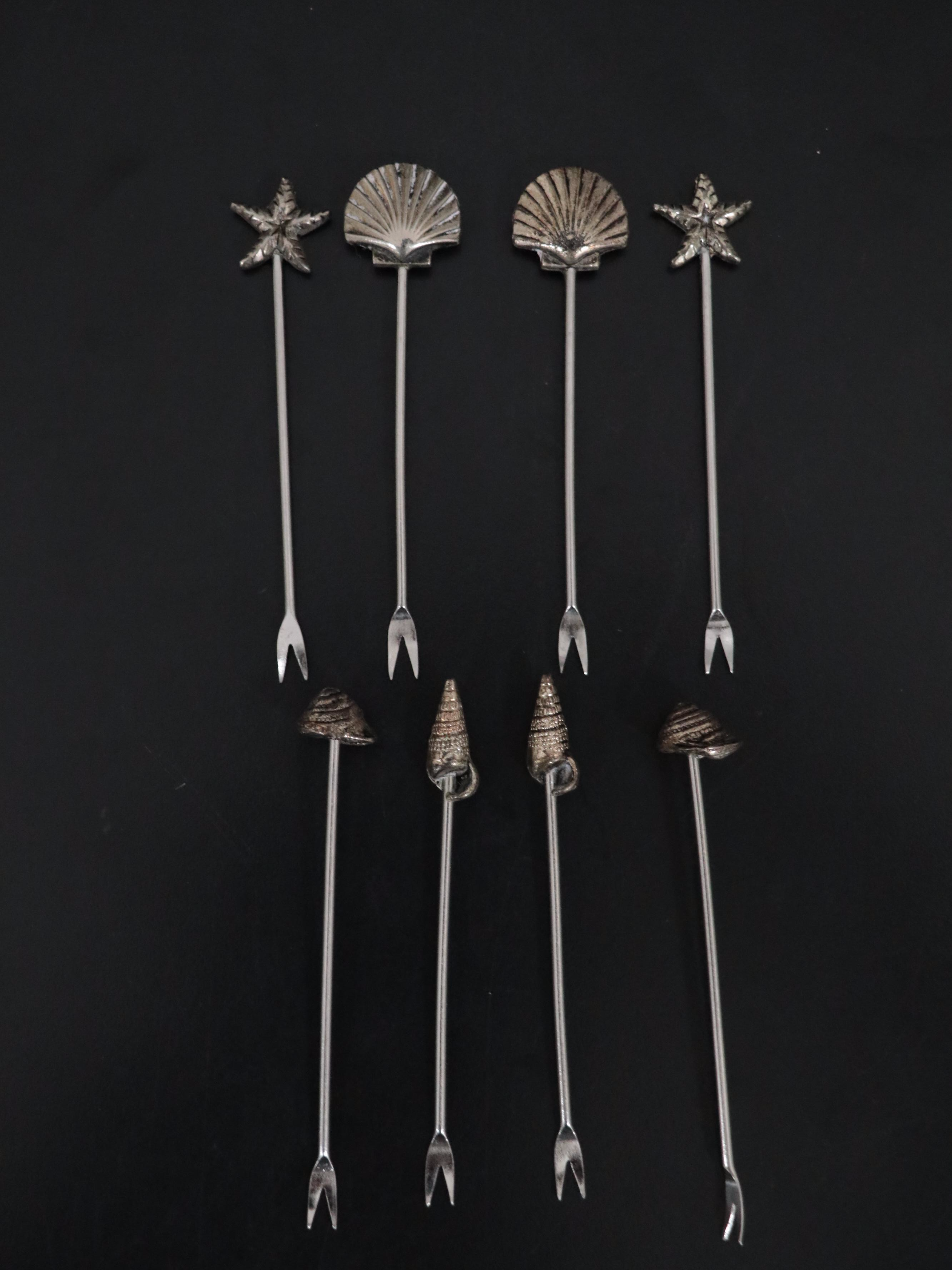 Etched Glass Salt Cellars with Sterling Salt Spoons and Cocktail Sticks