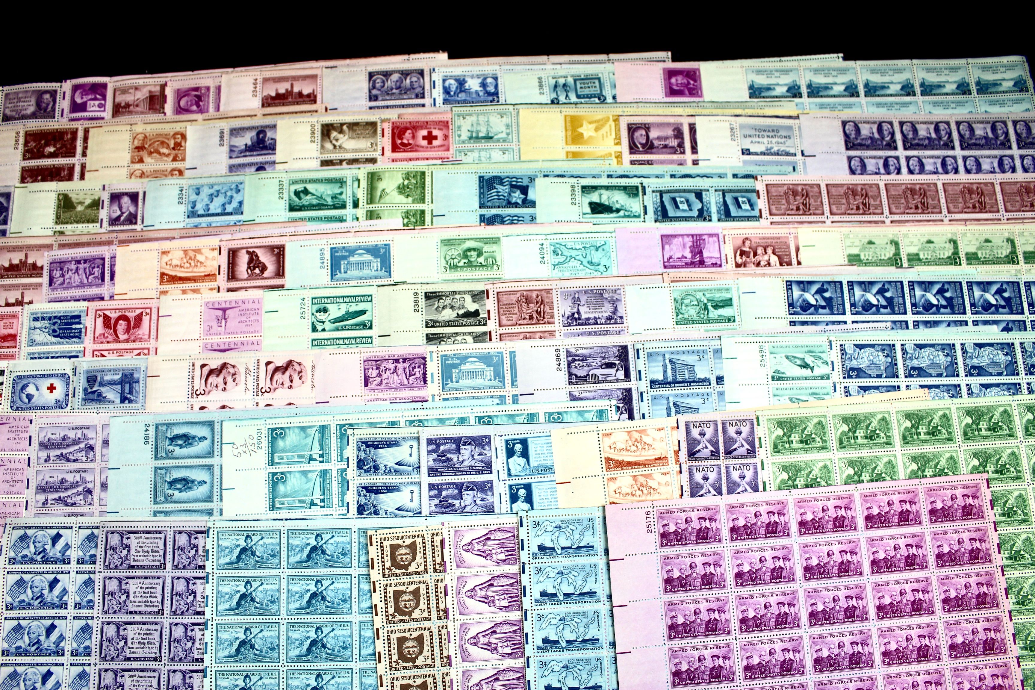 Seventy-six Sheets of Three Cent Stamps from the 1940's and 1950's