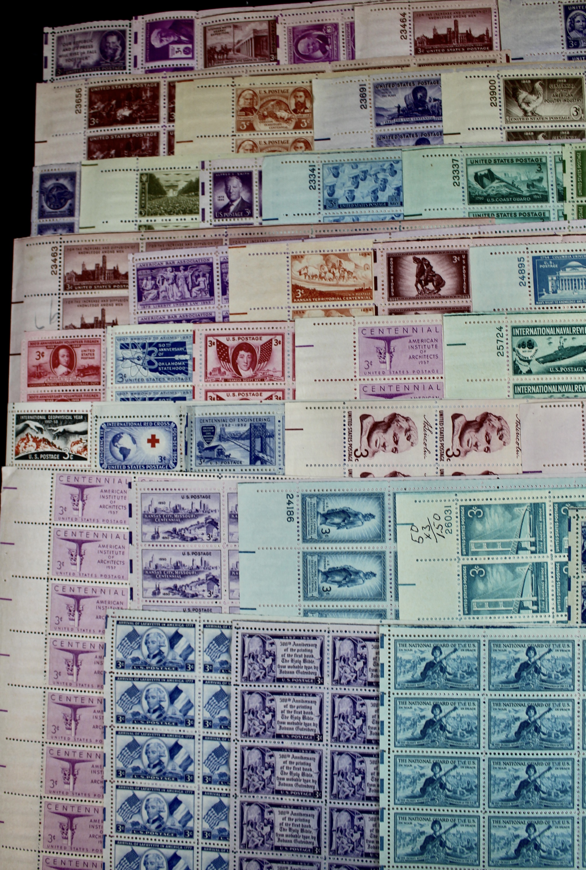 Seventy-six Sheets of Three Cent Stamps from the 1940's and 1950's