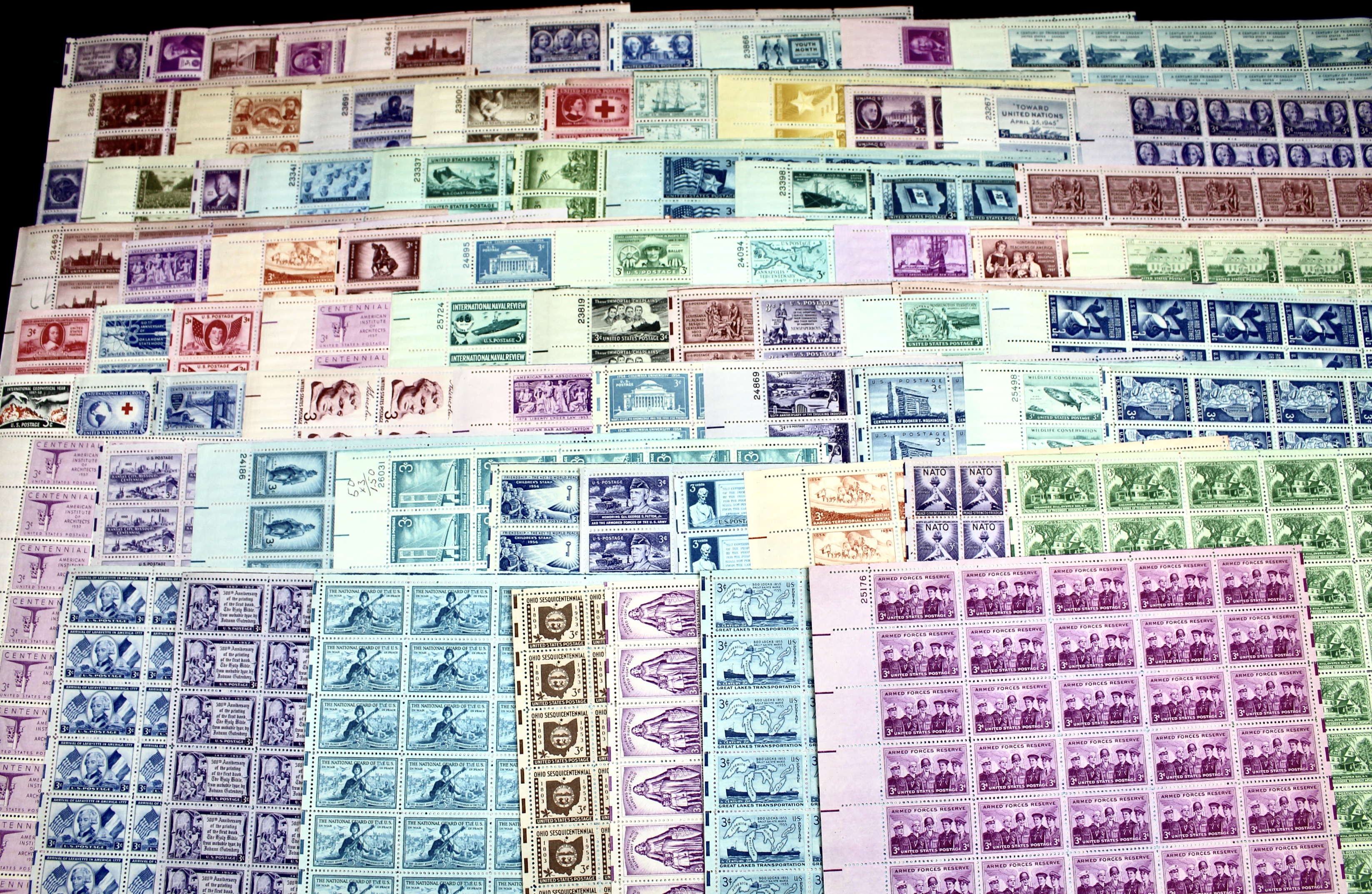 Seventy-six Sheets of Three Cent Stamps from the 1940's and 1950's