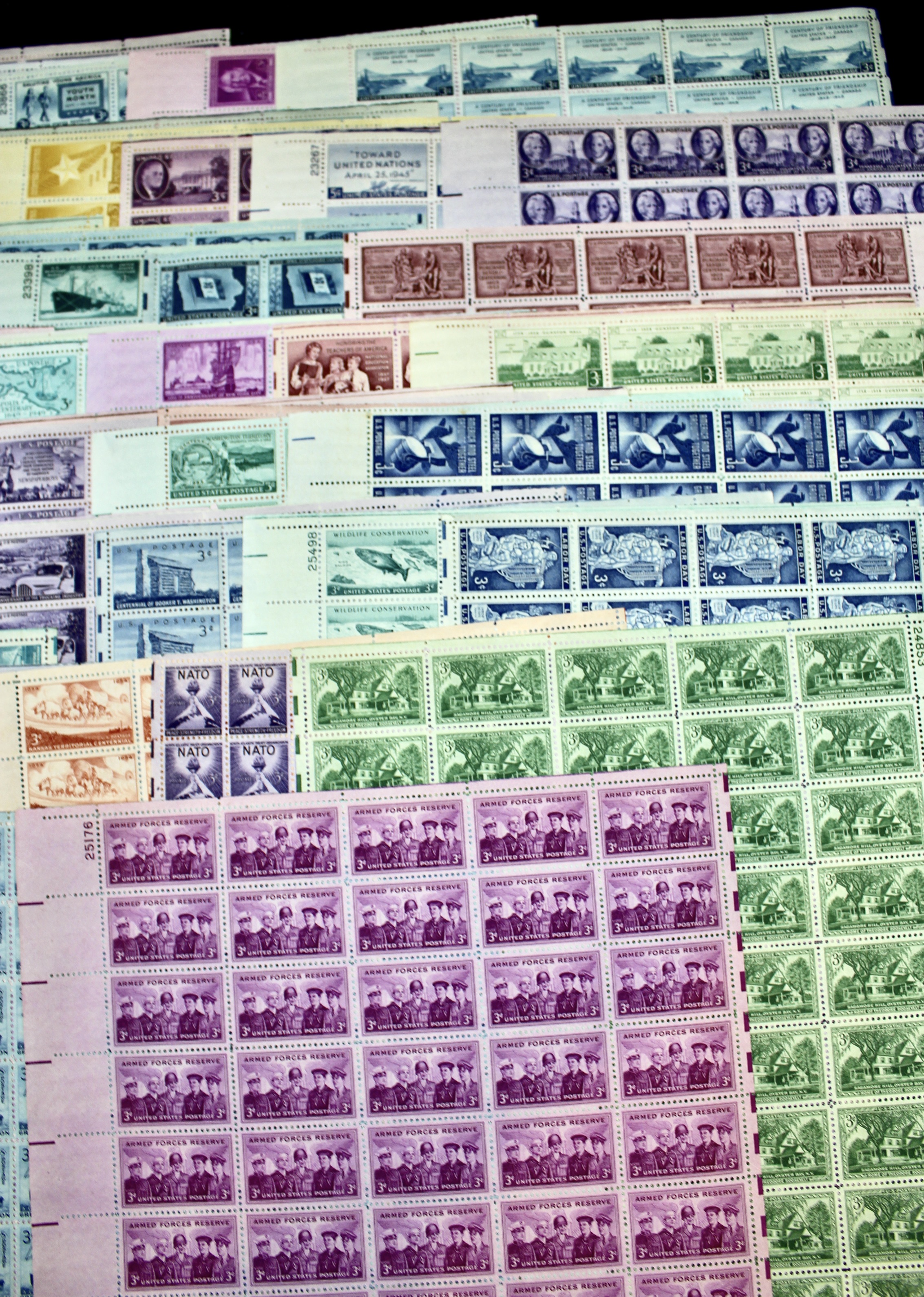 Seventy-six Sheets of Three Cent Stamps from the 1940's and 1950's