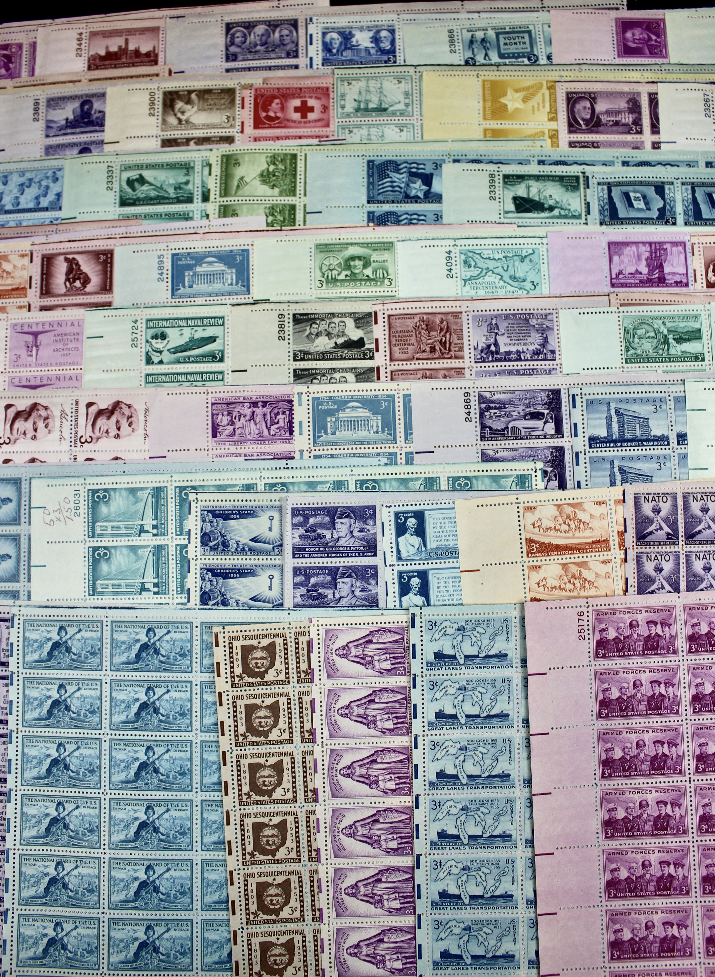 Seventy-six Sheets of Three Cent Stamps from the 1940's and 1950's