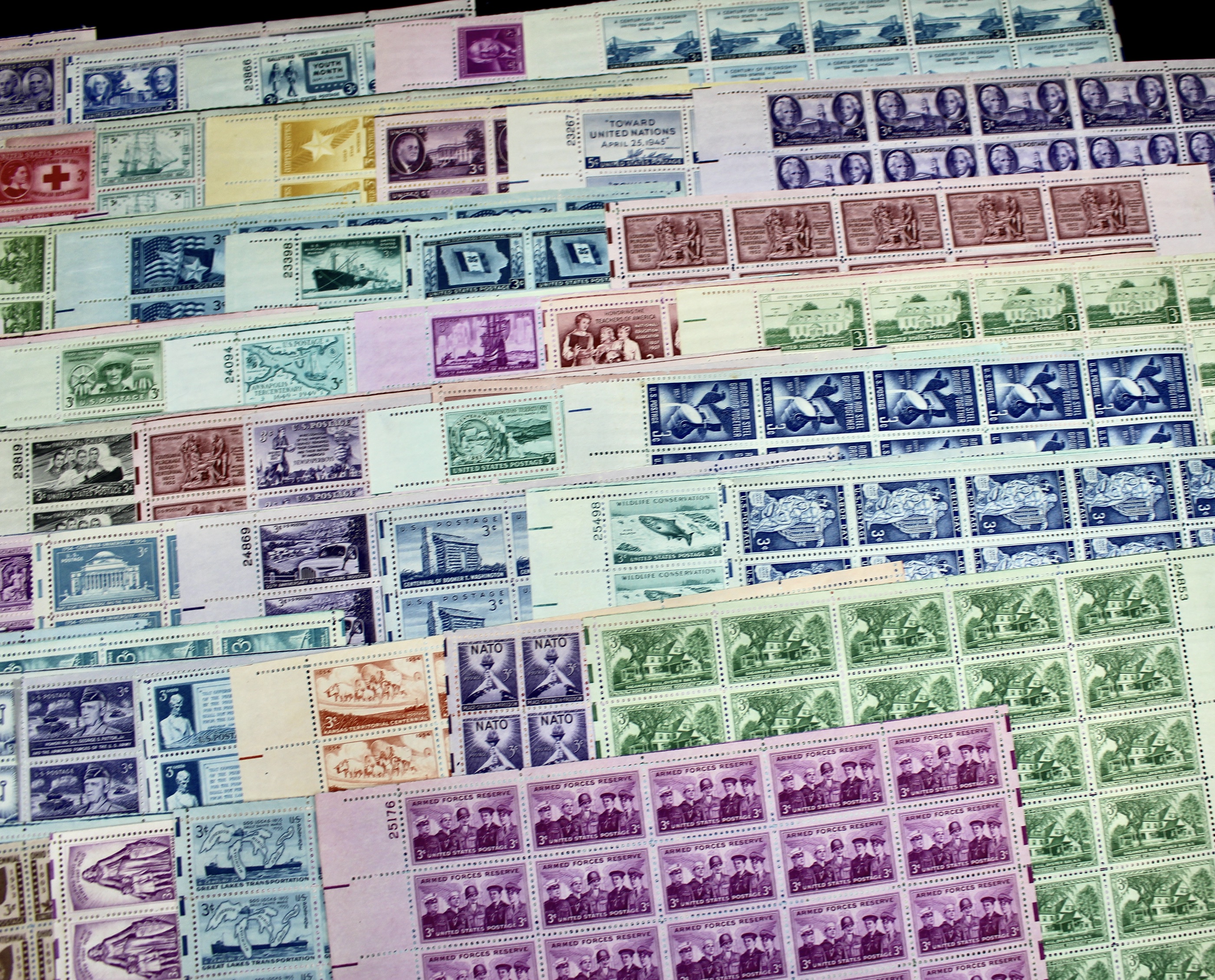 Seventy-six Sheets of Three Cent Stamps from the 1940's and 1950's