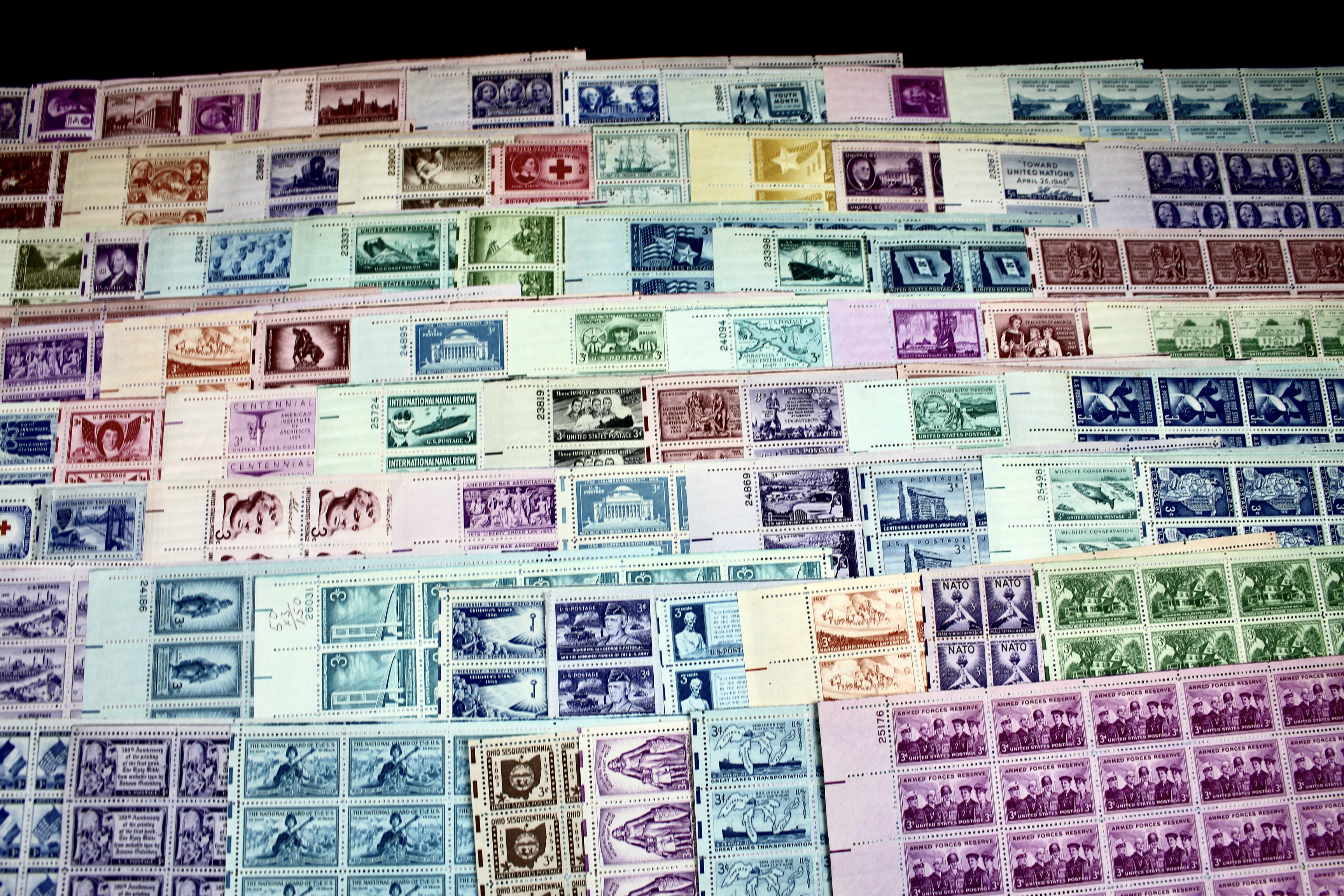 Seventy-six Sheets of Three Cent Stamps from the 1940's and 1950's