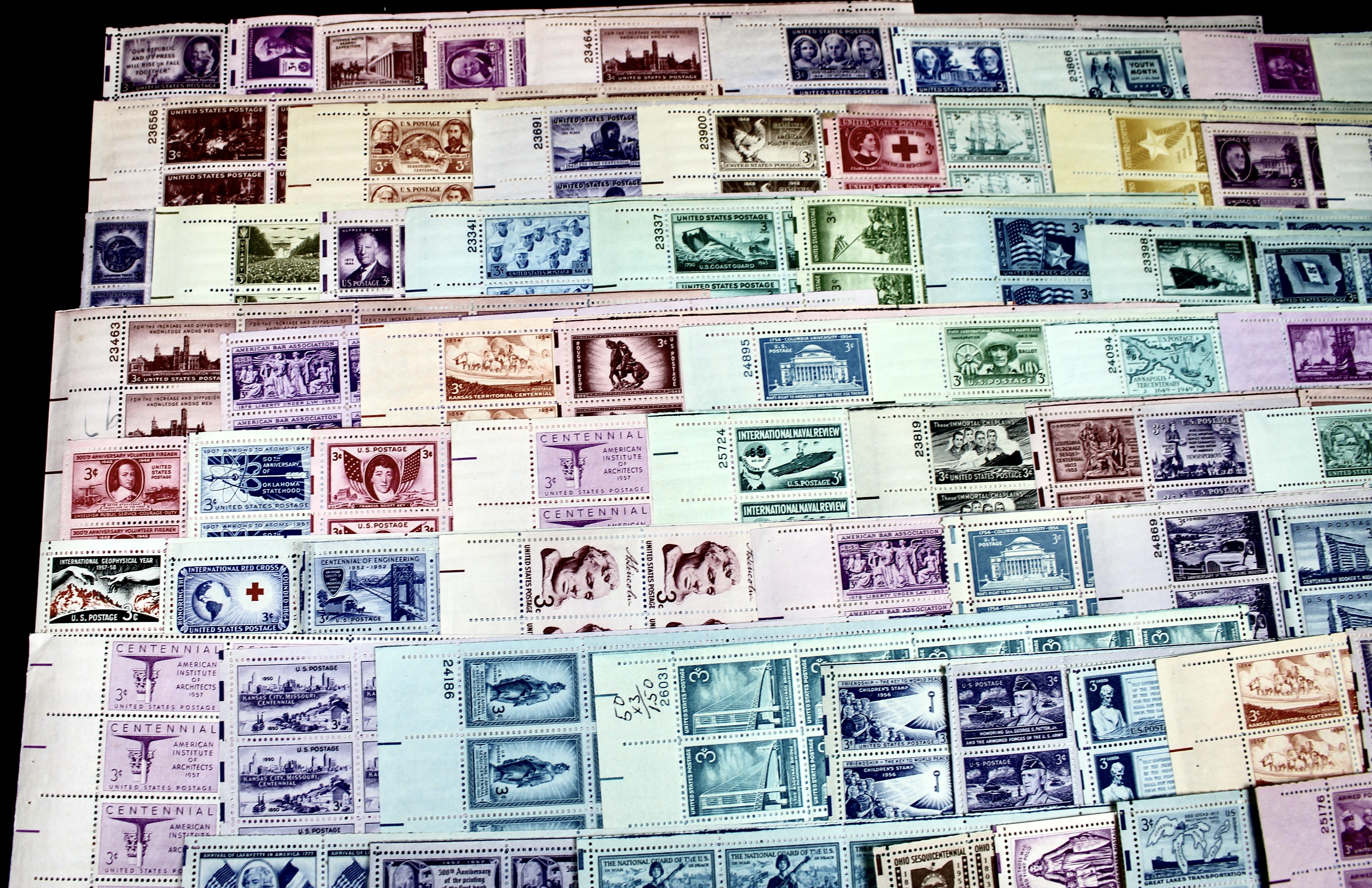 Seventy-six Sheets of Three Cent Stamps from the 1940's and 1950's