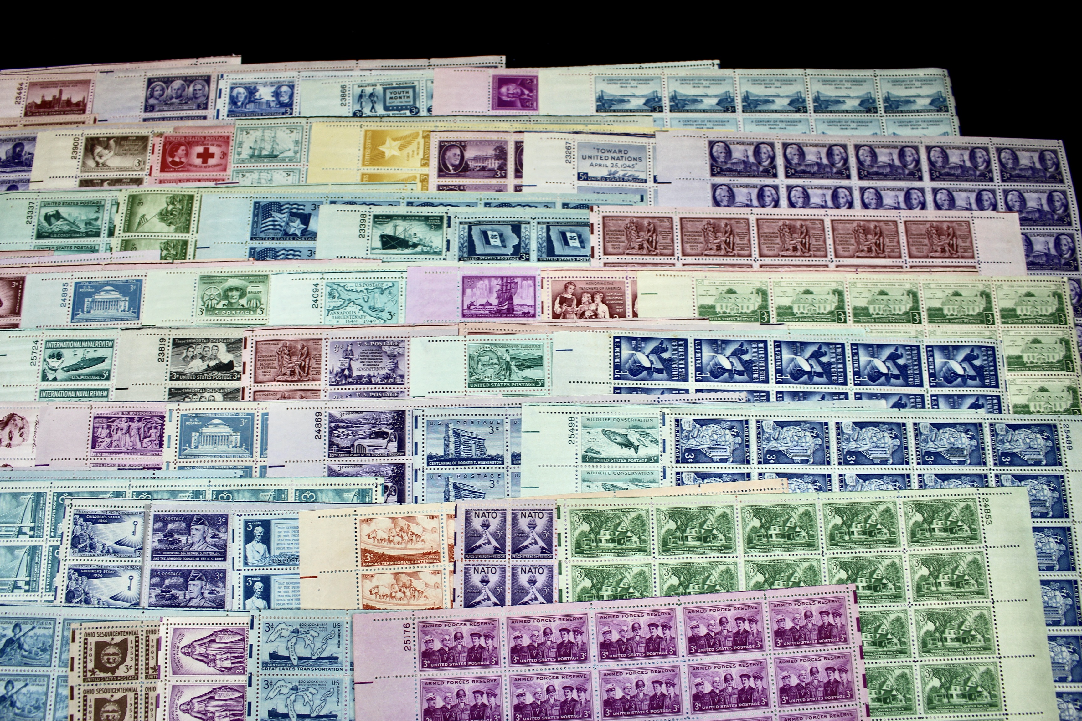 Seventy-six Sheets of Three Cent Stamps from the 1940's and 1950's