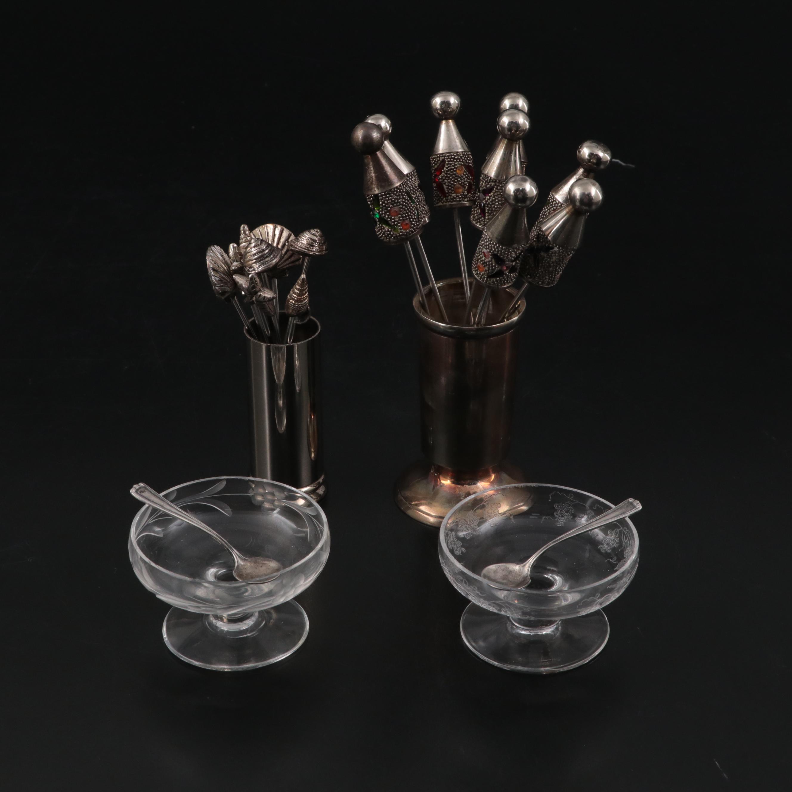 Etched Glass Salt Cellars with Sterling Salt Spoons and Cocktail Sticks