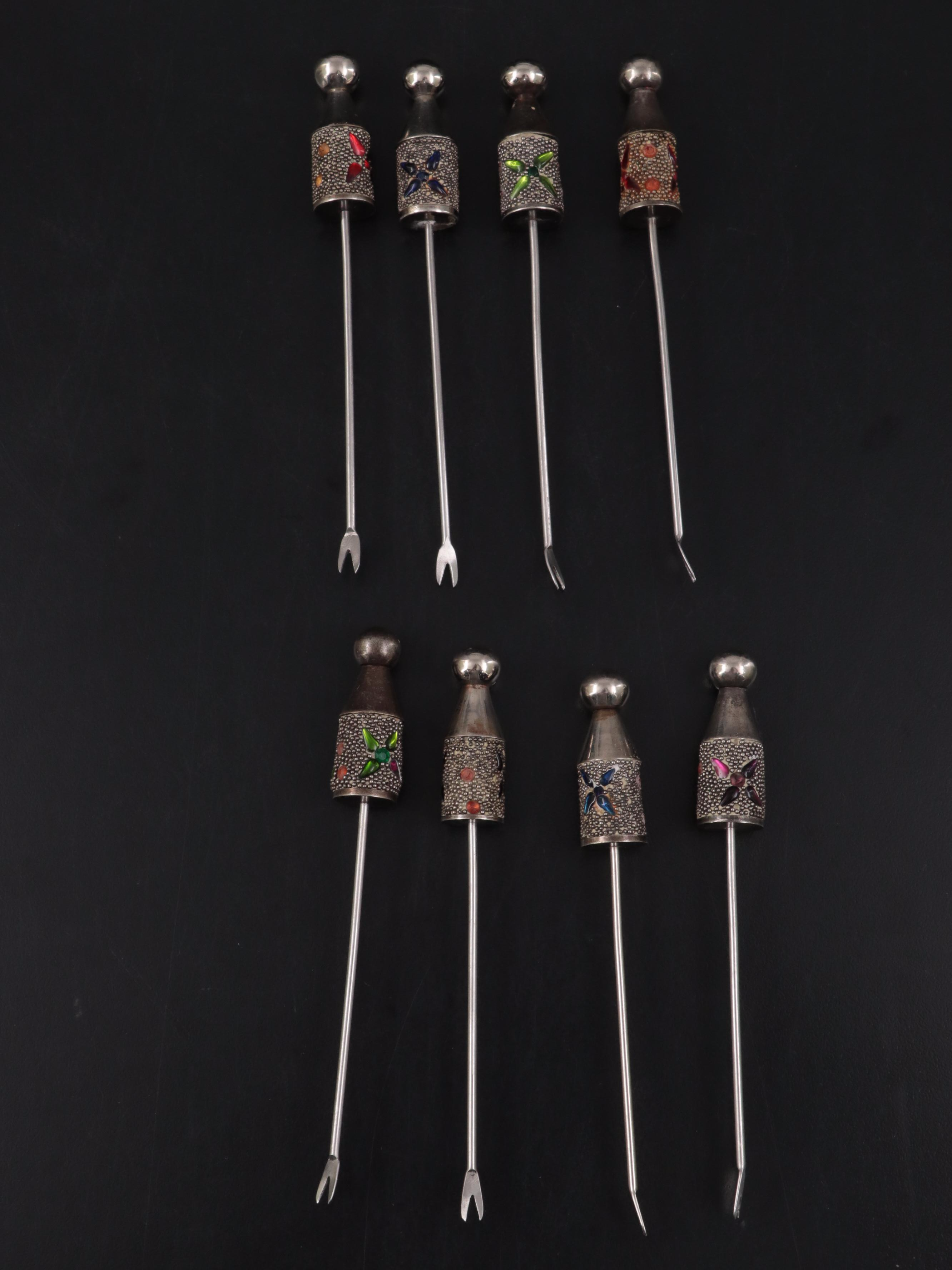 Etched Glass Salt Cellars with Sterling Salt Spoons and Cocktail Sticks