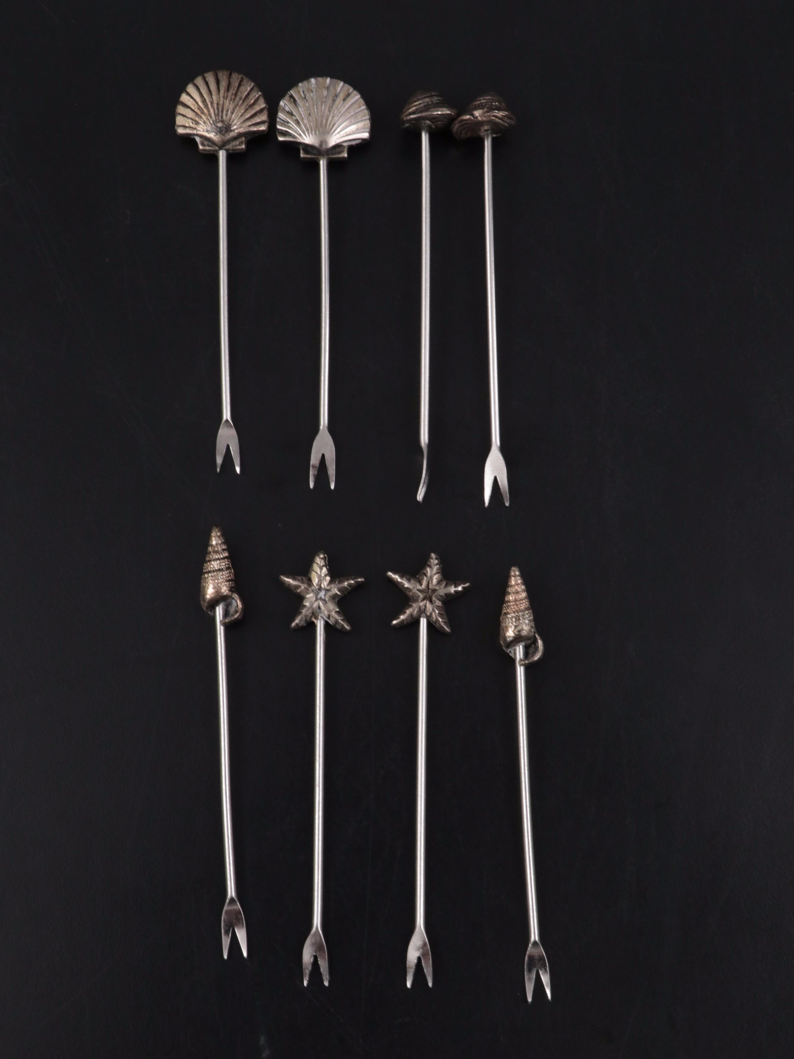 Etched Glass Salt Cellars with Sterling Salt Spoons and Cocktail Sticks