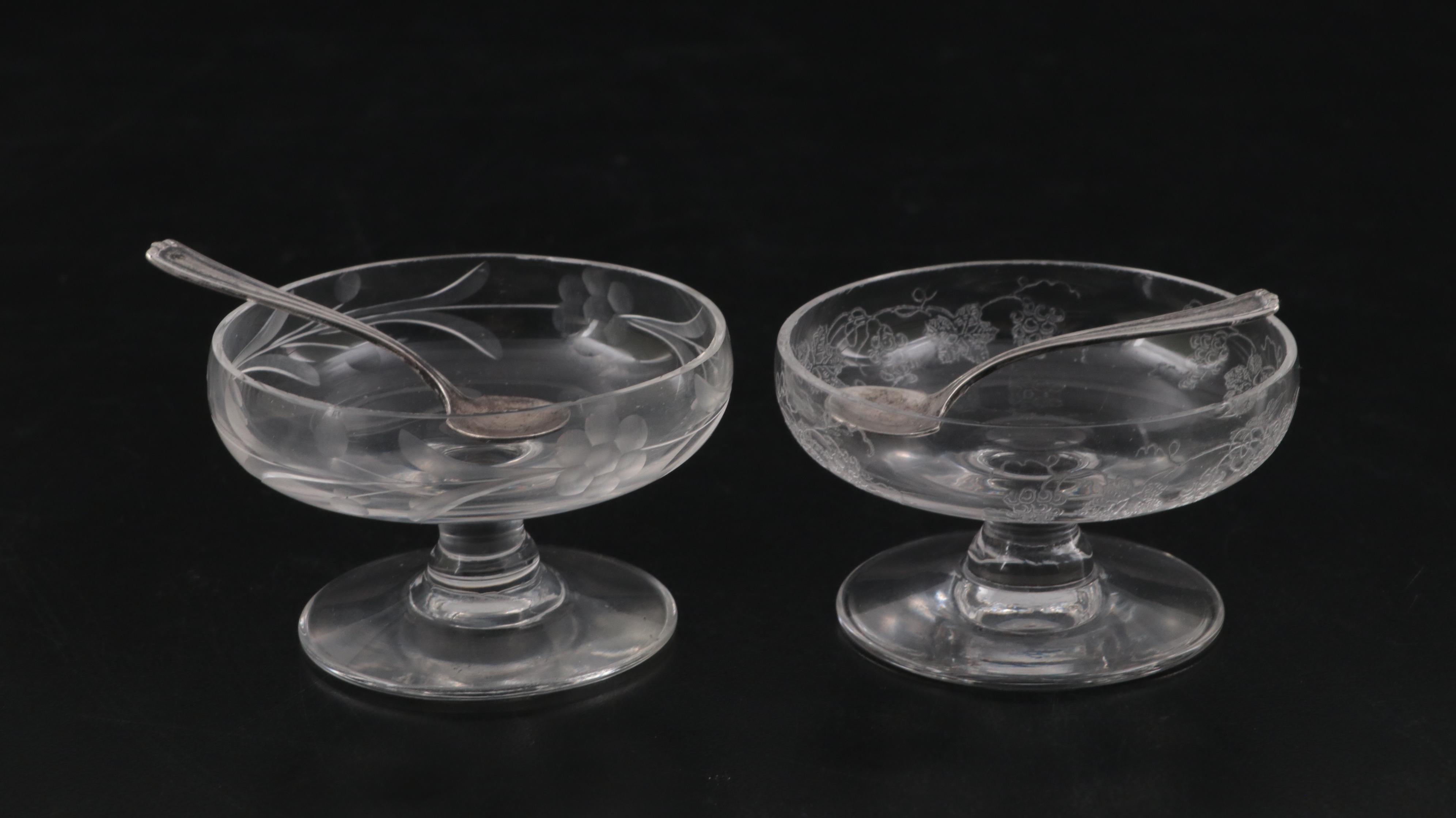 Etched Glass Salt Cellars with Sterling Salt Spoons and Cocktail Sticks