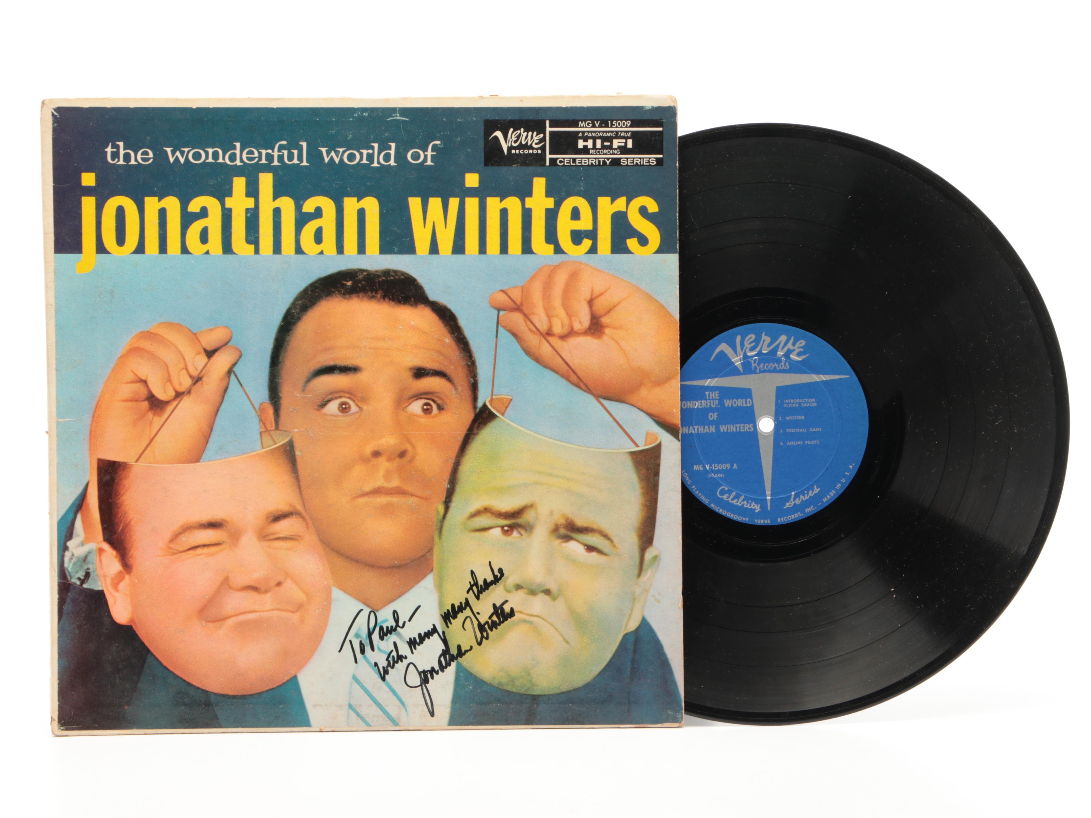Johnny Carson and Jonathan Winters Autographed Record and Headshot