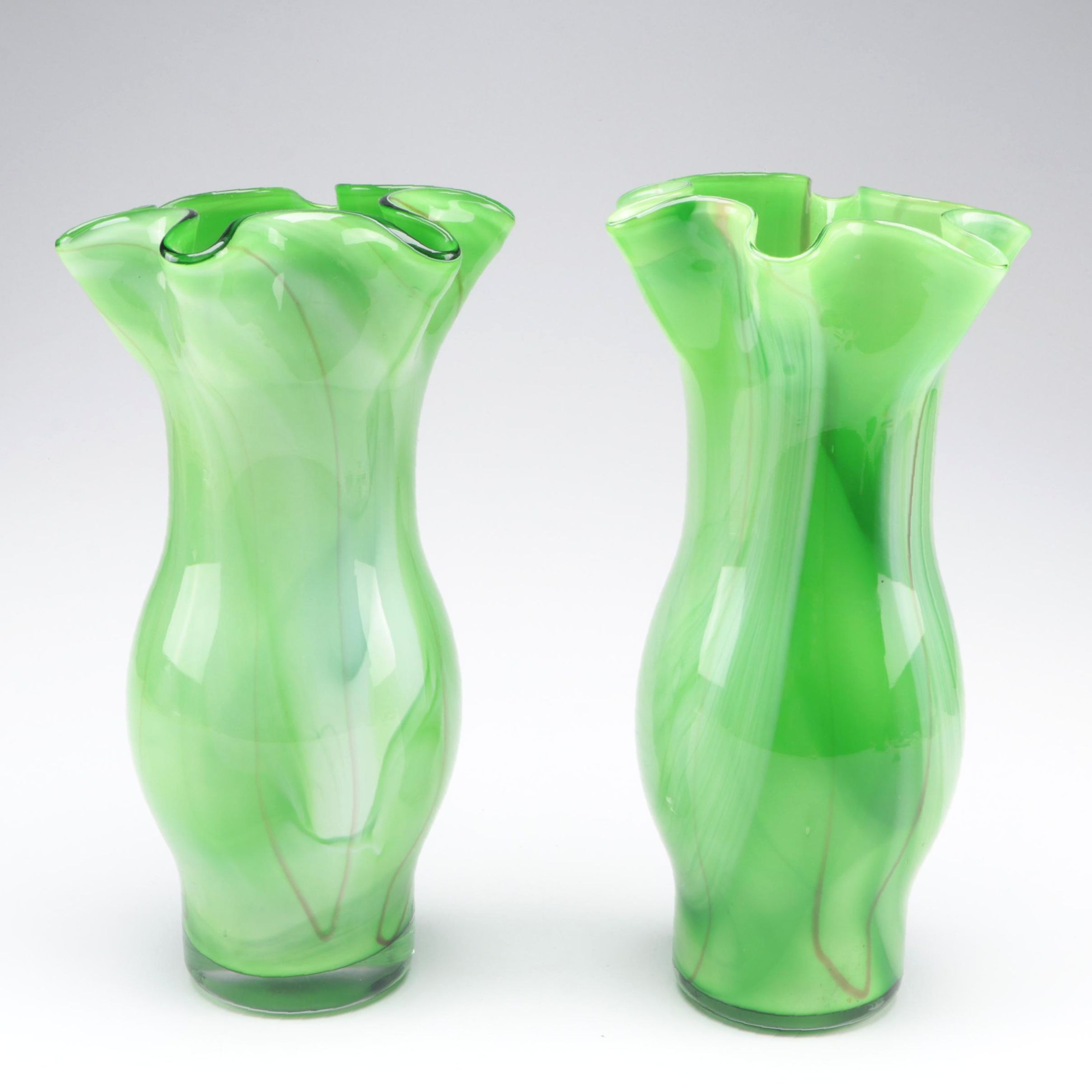 Pair of Venetian Style Ruffled Edge Green Studio Glass Vases