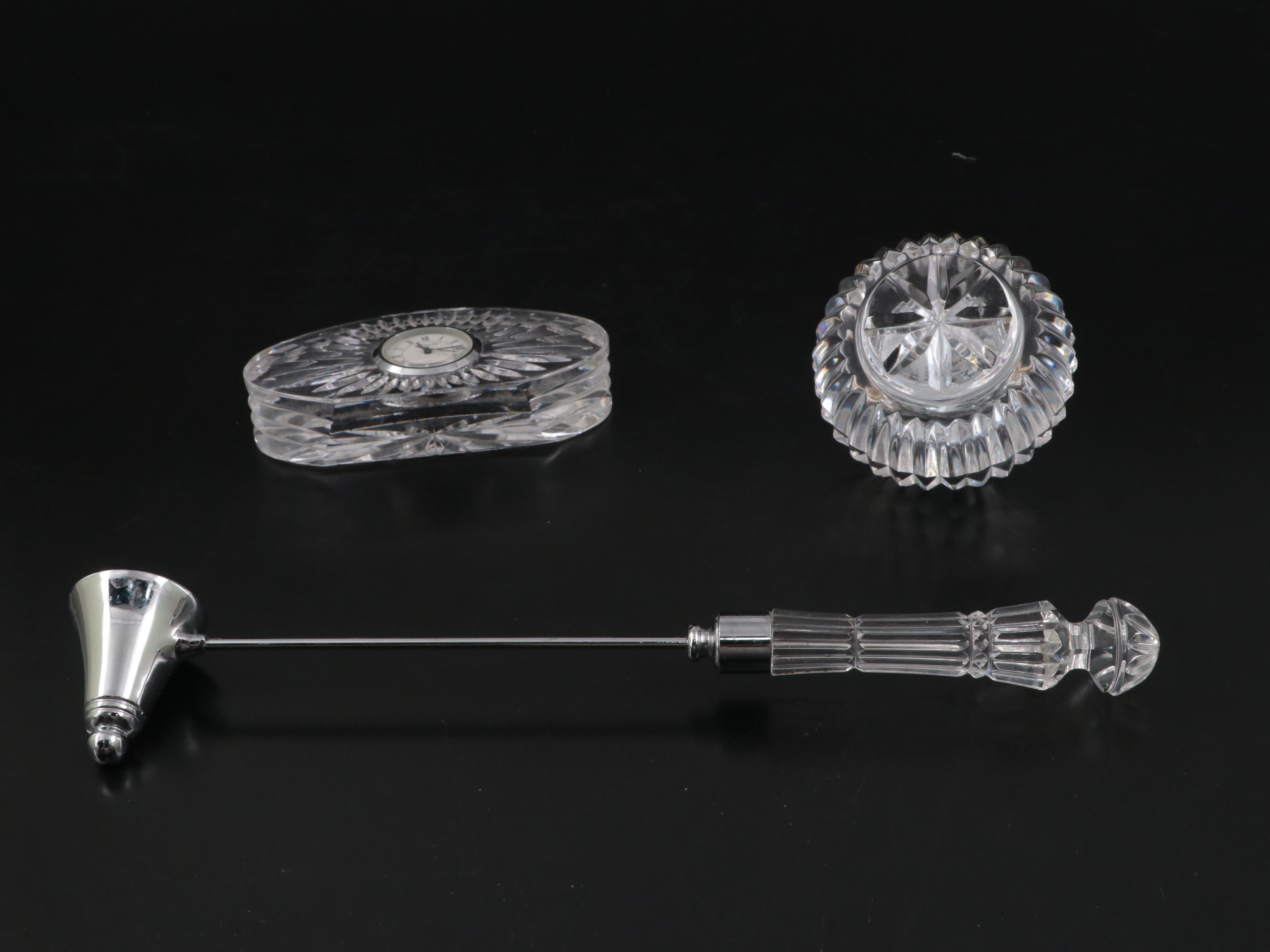 Waterford Crystal Desk Clock and Other Crystal Candlesticks, Snuffer